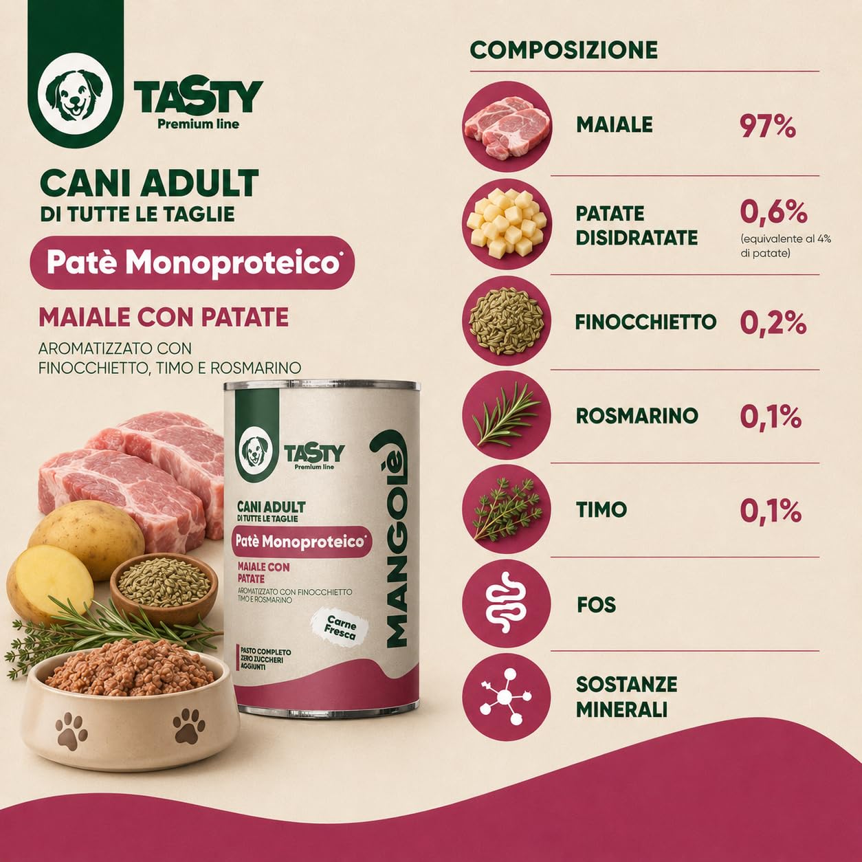 Dog Patè Monoproteico Maiale con Patate 400 g Alimento Umido Completo per Cani Adulti Aromatizzato con Finocchietto, Timo e Rosmarino (24 Pezzi)