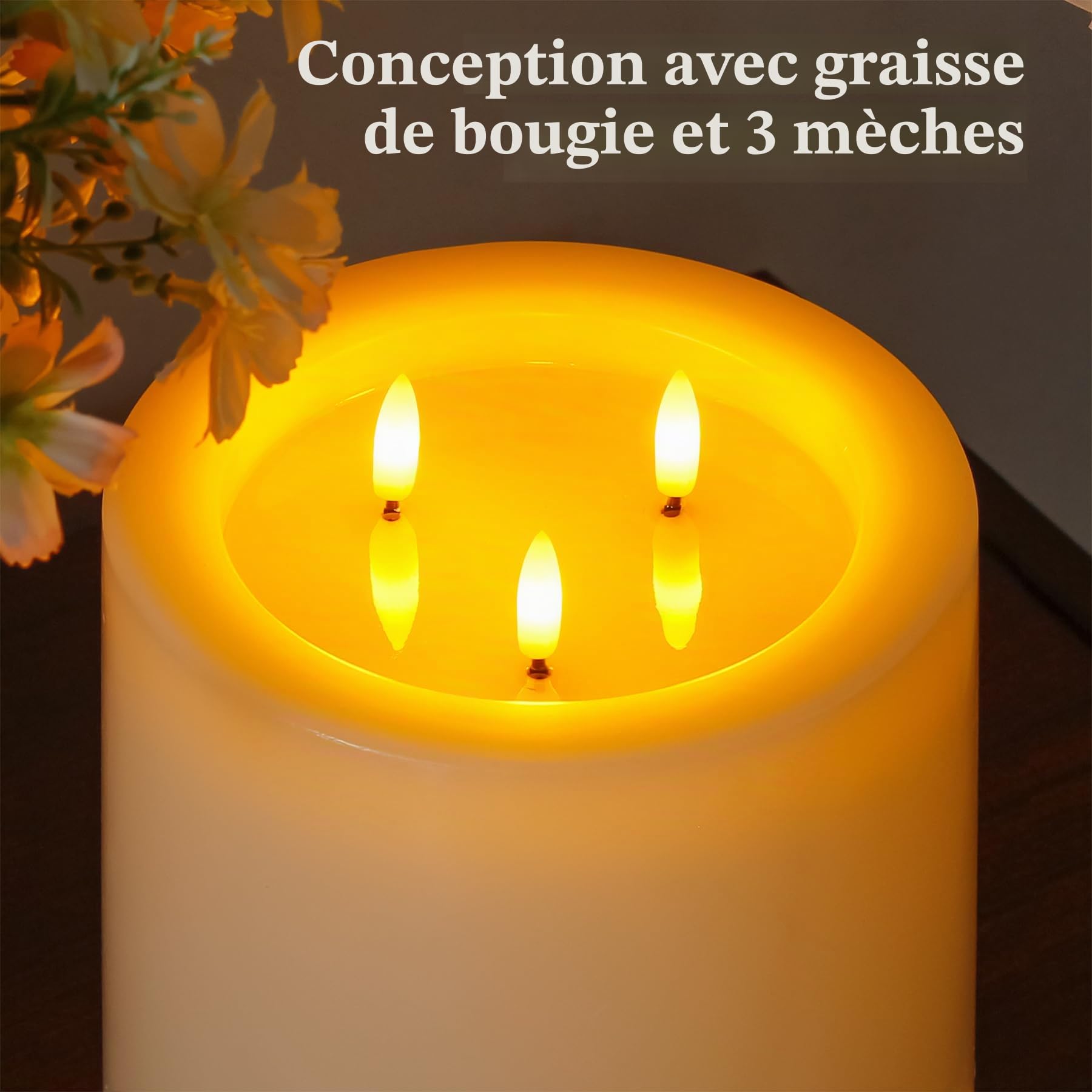 Yeelida 3-Mèches 15x15cm Grandes Bougie LED sans flamme avec télécommande et effet huile de cire, fonction minuterie Ivoire Bougie 3D-Mèches en cire véritable fonctionnant sur piles et vacillantes