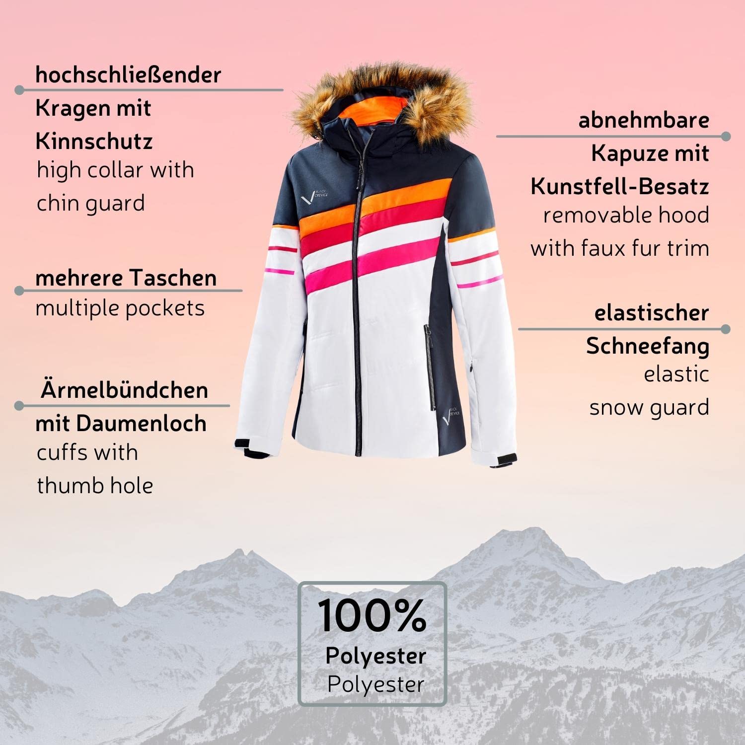 Black Crevice Damen Skijacke I Damen-Skijacke Größen I Wind- & wasserdichte Damen-Funktionsjacke I wasserdichte Reißverschlusstaschen I Ski-Jacke mit Kapuze