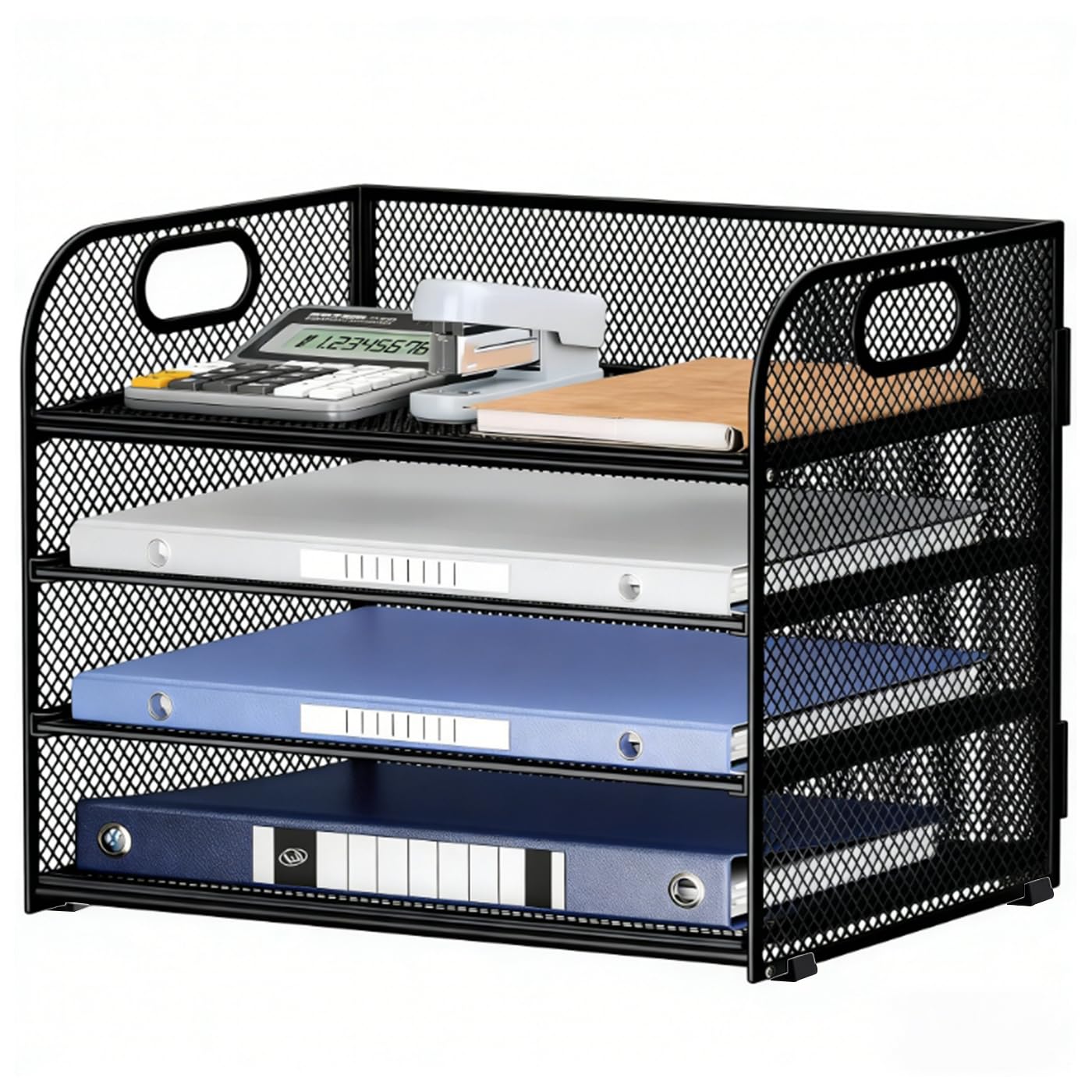A4 Briefablage Dokumentenablage aus Metall, 4 Fächer Ablagefächer Stapelbar Papierablage, Mesh Design Ablagesystem Büro Ablage mit Griff, Schwarz, Kompakt, 32.8 x 24.7 x 27.6 cm