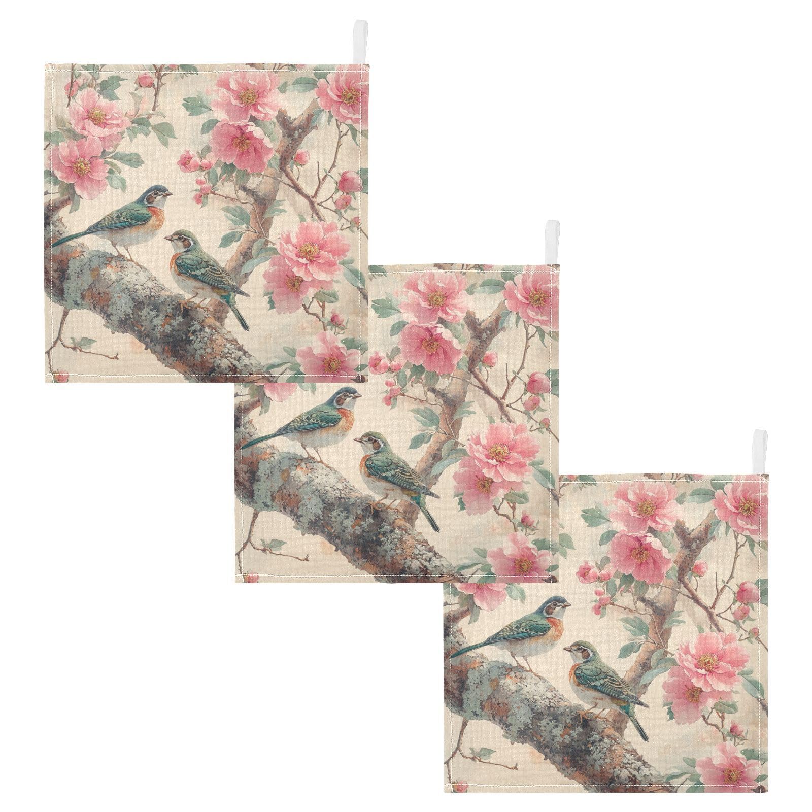 Nander Cute Bird on The Flower Branch Baby Muslin Washcloths 3PCS- Soft Face Cloths for Newborn Absorbent Bath