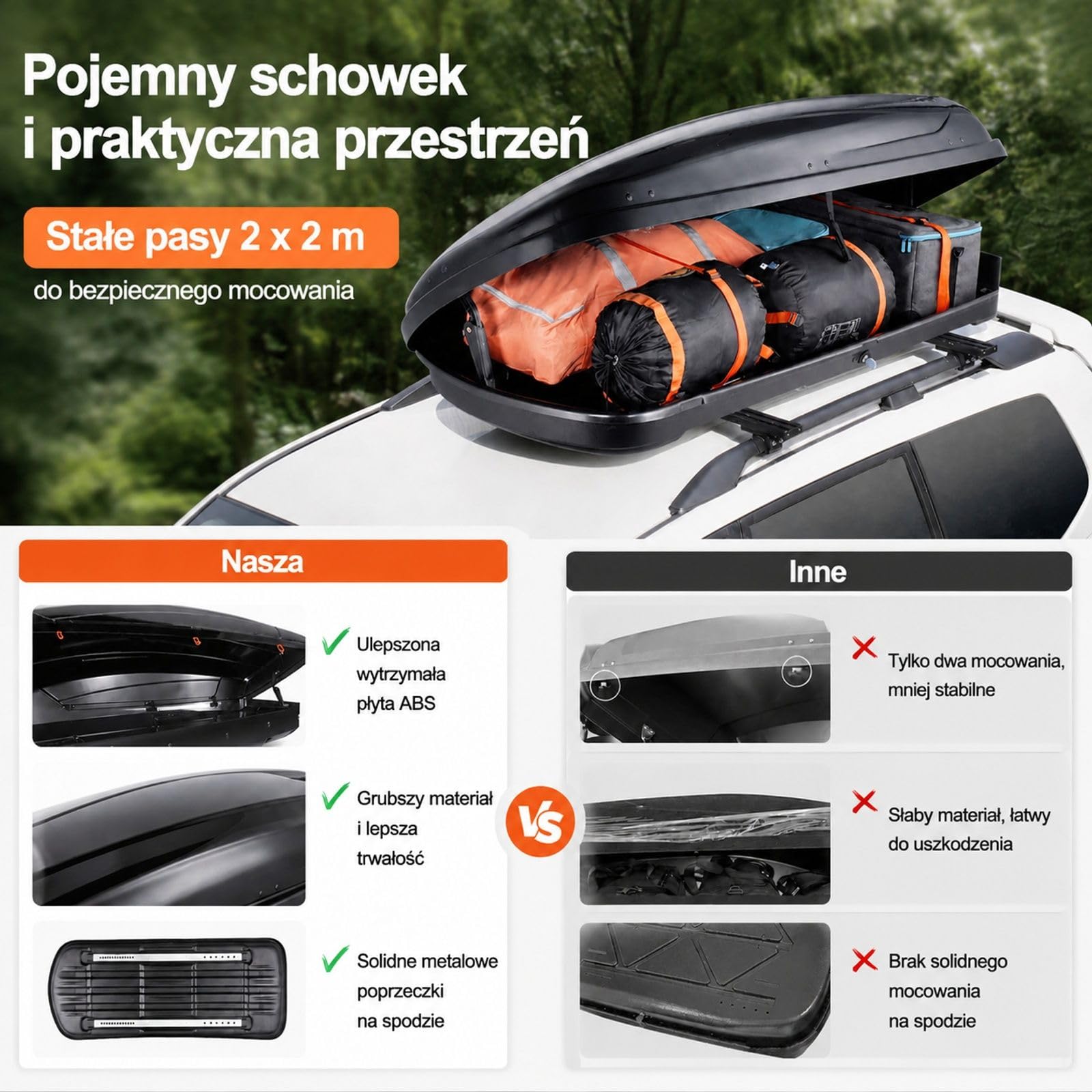 Box dachowy 370 l z ABS, twarda skorupa, otwieranie dwustronne, 2 paski, czarny do auta SUV kombi