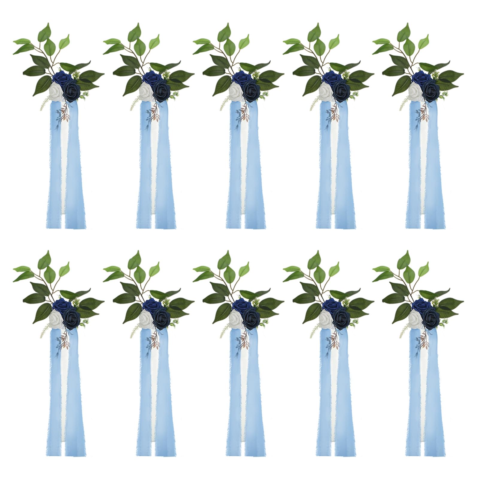 PATIKIL Hochzeit Schiff Dekorationen Topfblumen für Hochzeit Zeremonie Stuhl Set von 10 Stuhl Blumig Dekoration mit Kunstblumen Eukalyptus und Bänder für Kirchenstuhl Party Blau