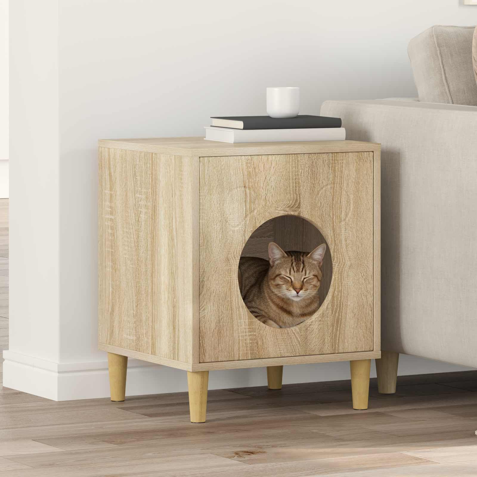Katzenhaus Sonoma Holzwerkstoff 42,5 x 40 x 53 cm rechteckig Rückzugsort für Katzen mit Liegefläche und Kratzbrett ideal zum Klettern, Spielen, Schlafen in Wohnung, Zimmer, Balkon