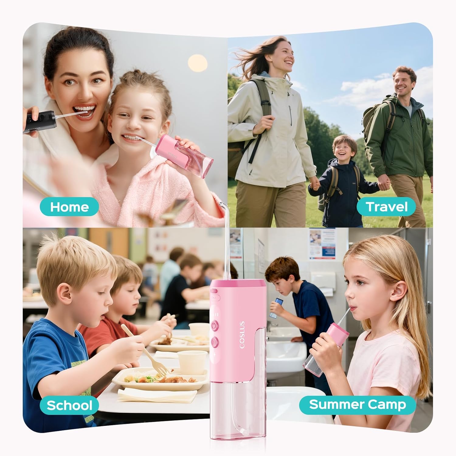 COSLUS T40 Portable Water Flosser for Kids: 4 Gentle Modes for Ages 6+, Braces & Sensitive Teeth - with Fun DIY Stickers, 4 Storable Nozzles, Mini Compact for Home School & Travel, BPA-Free, Pink