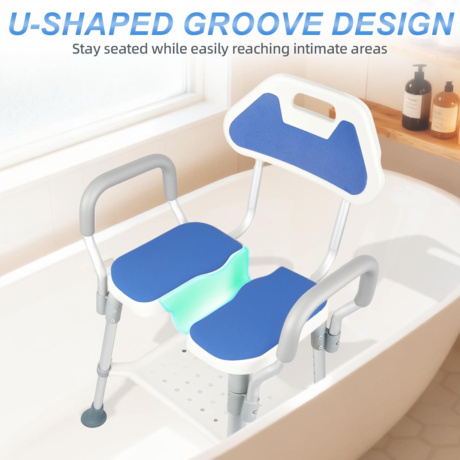 shower chair for inside shower, u-shaped heavy duty shower chair for elderly and disabled, bottom storage tray, 300lbs shower stool with arms and back, height adjustable seat for bathtub u-shape shower chair