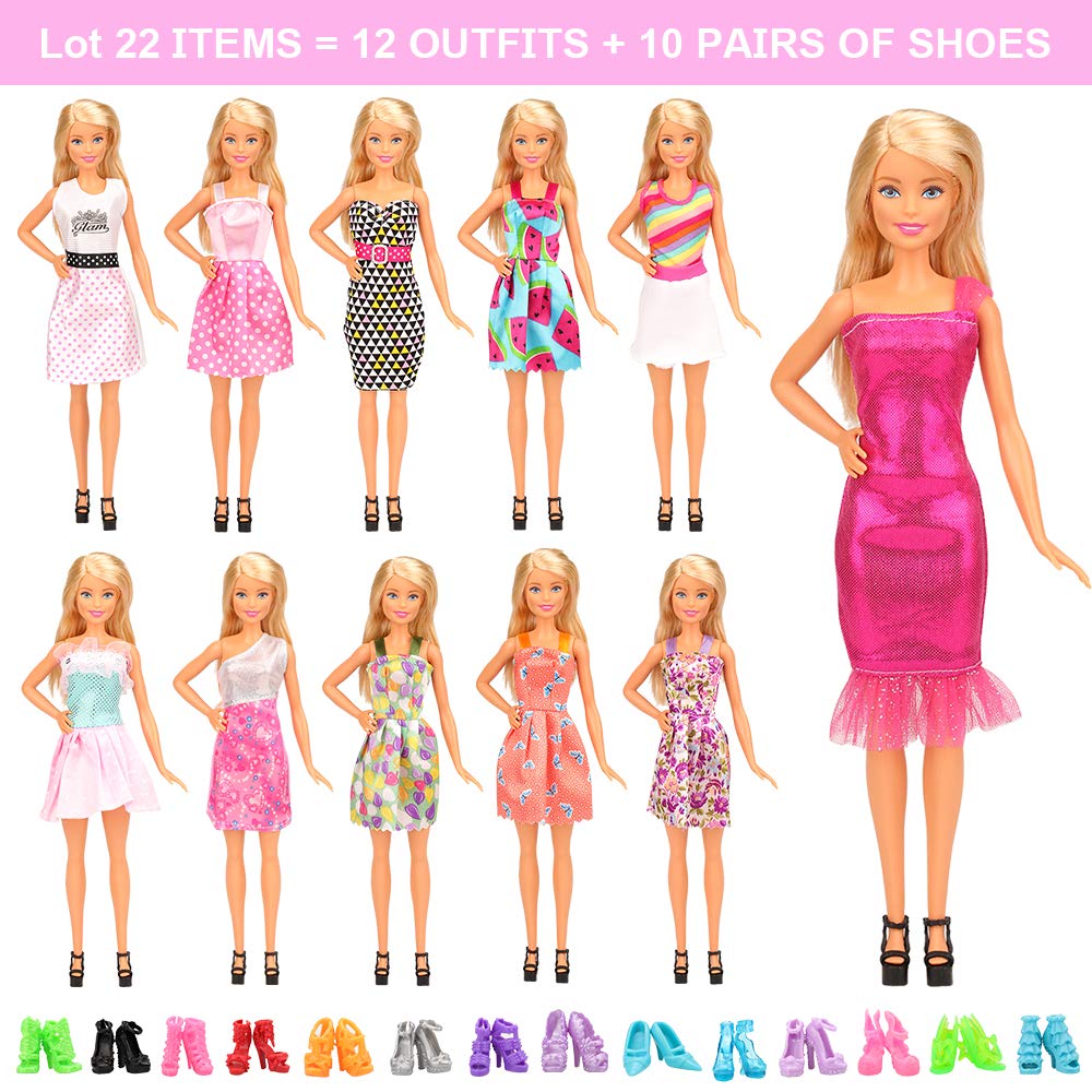 Barwa 22 Pcs Doll Clothes Outfit Accessories for 11.5 Inch Doll Include 10 Fashion Dresses & 10 Pairs of Shoes