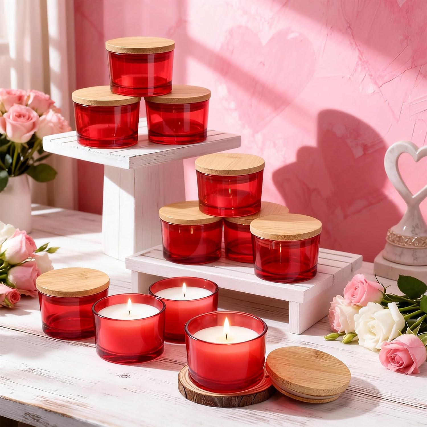 Acellegic 15 Pack 4.73 OZ Thick Candle Jars for Making Candles, Candle Jar, Wide Mouth Glass Empty Jars with Bamboo Lids for Making Candles, Bulk Container Dishwasher Safe (Red)