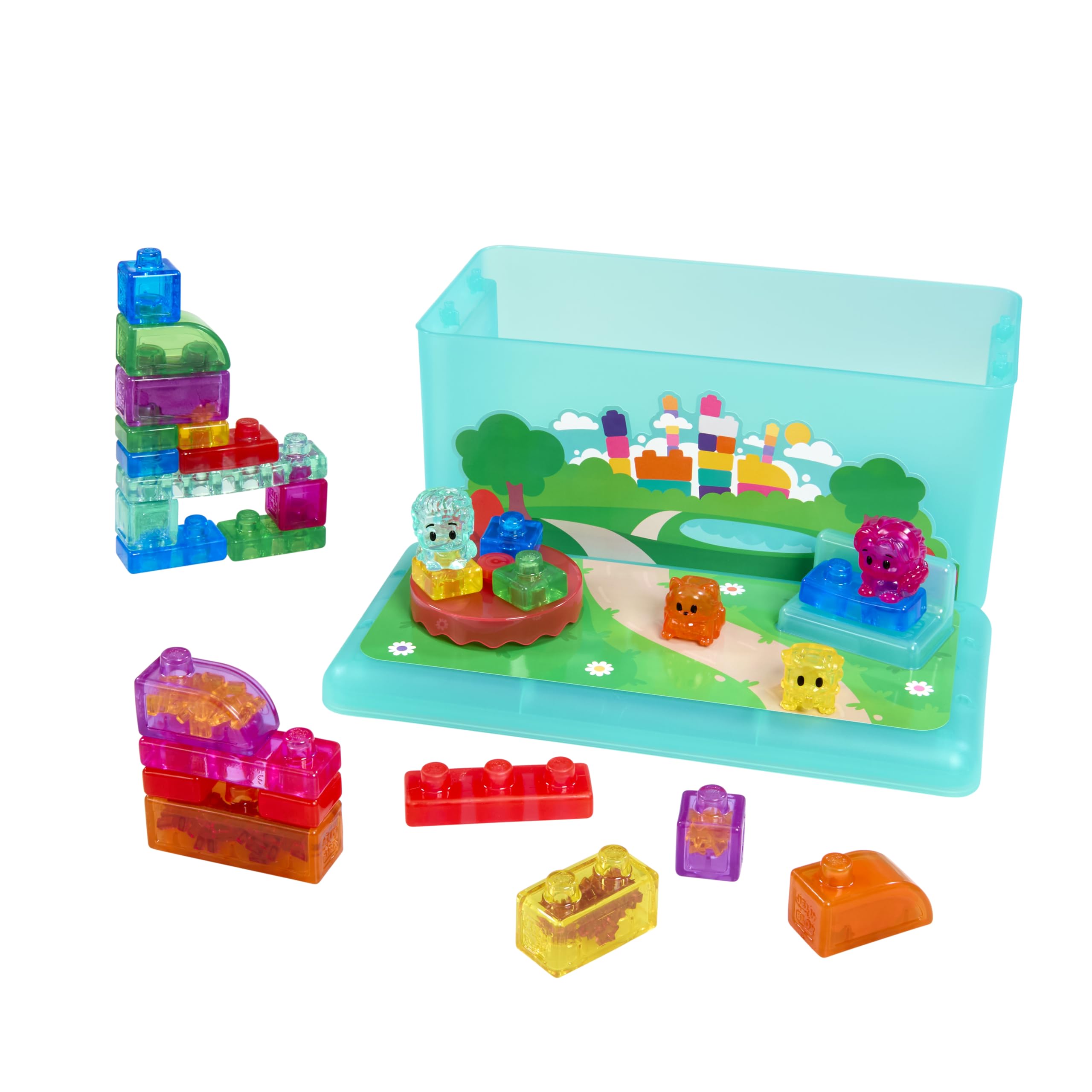 Goliath Jelly BLOX – Playground Store & Play Set | Juego de construcción sensorial 2+ | 30 Bloques Blandos y Coloridos con Personajes y Animales | Tapa-Tablero, Caja de almacenaje | Idea Regalo