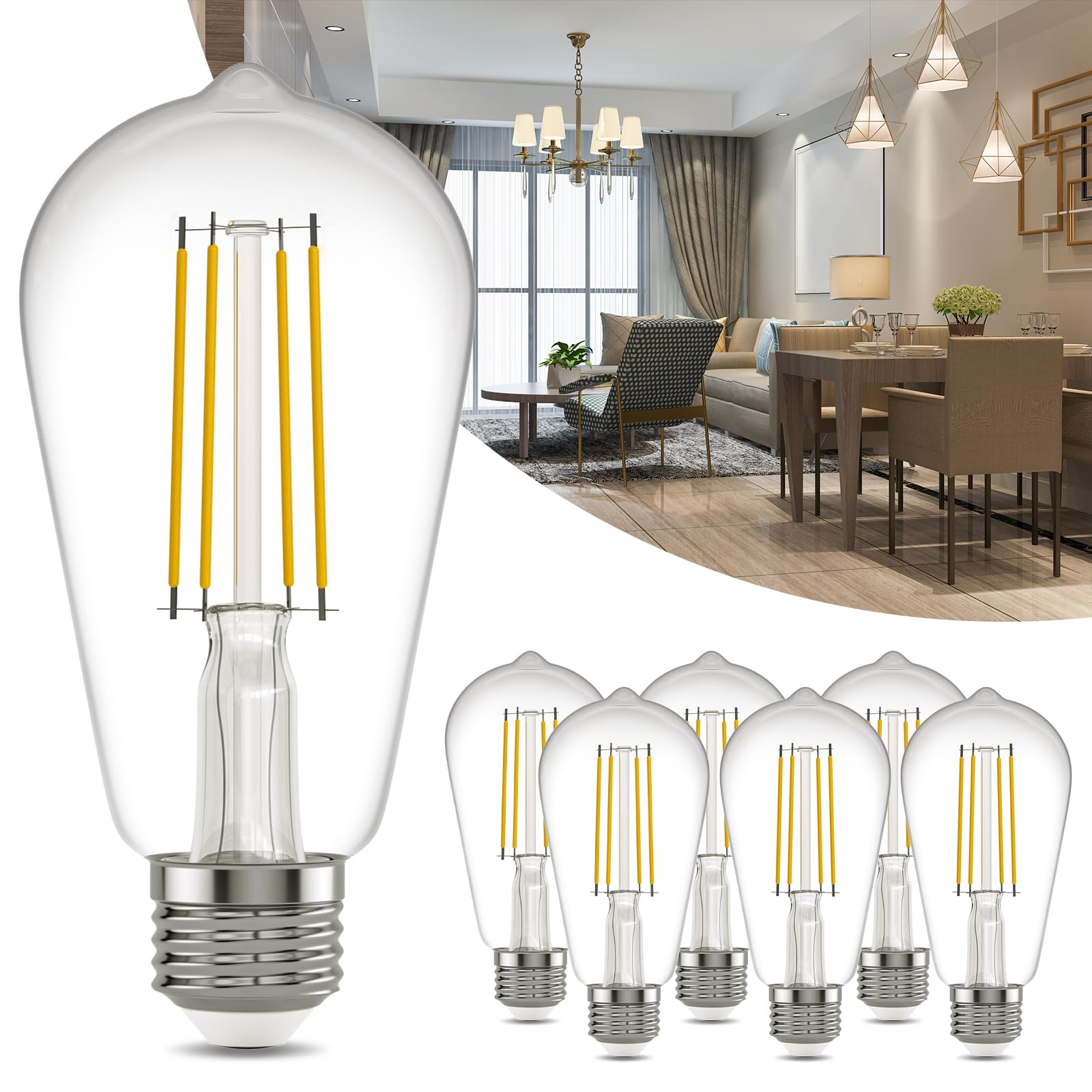 Kawaya E26 LED Edison Bulbs: 6-Pack 8W Equivalent 80W Dimmable LED Bulbs - Vintage ST58 5000k Daylight White - 800 Lumens High Brightness Bulbs with
