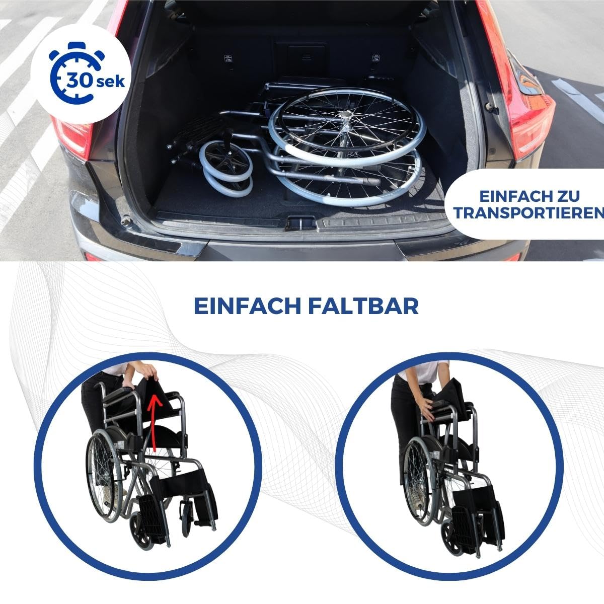 Mobiclinic®, Rollstuhl klappbare, Selbstfahrer, Faltbar, Alcazaba, Sitz 46 cm, Bordsteinüberwindungssystem, Gepolsterte armlehnen, Fußstützen, Anti-plattreifen, Bremsen an den rädern