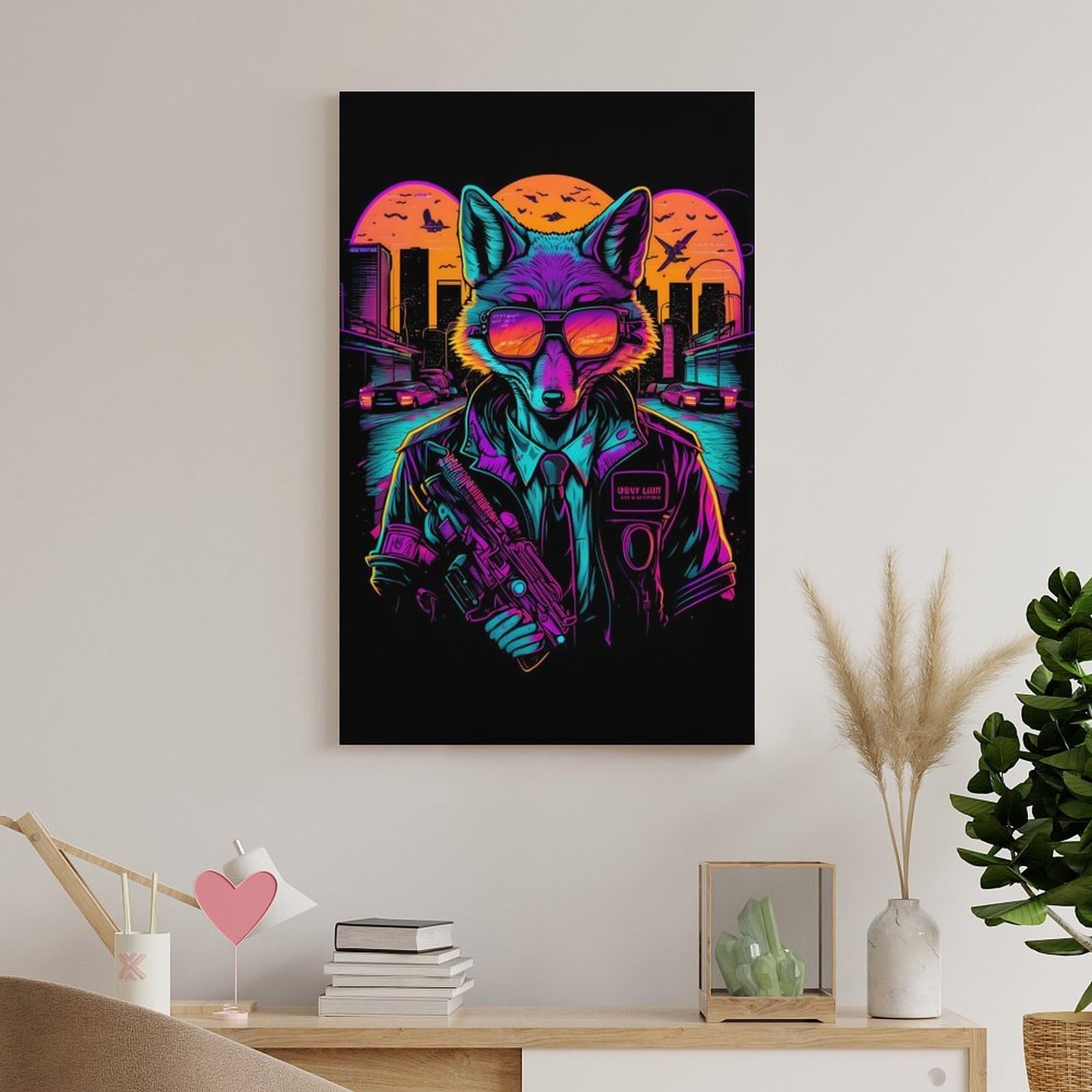 Junmoney Tableau Décoratif Avec Cyberfox in Neon Cityscape Pour Le Séjour Et La Chambre, Décoration Intérieure Pour La Maison, 16x24inch(40x60cm)