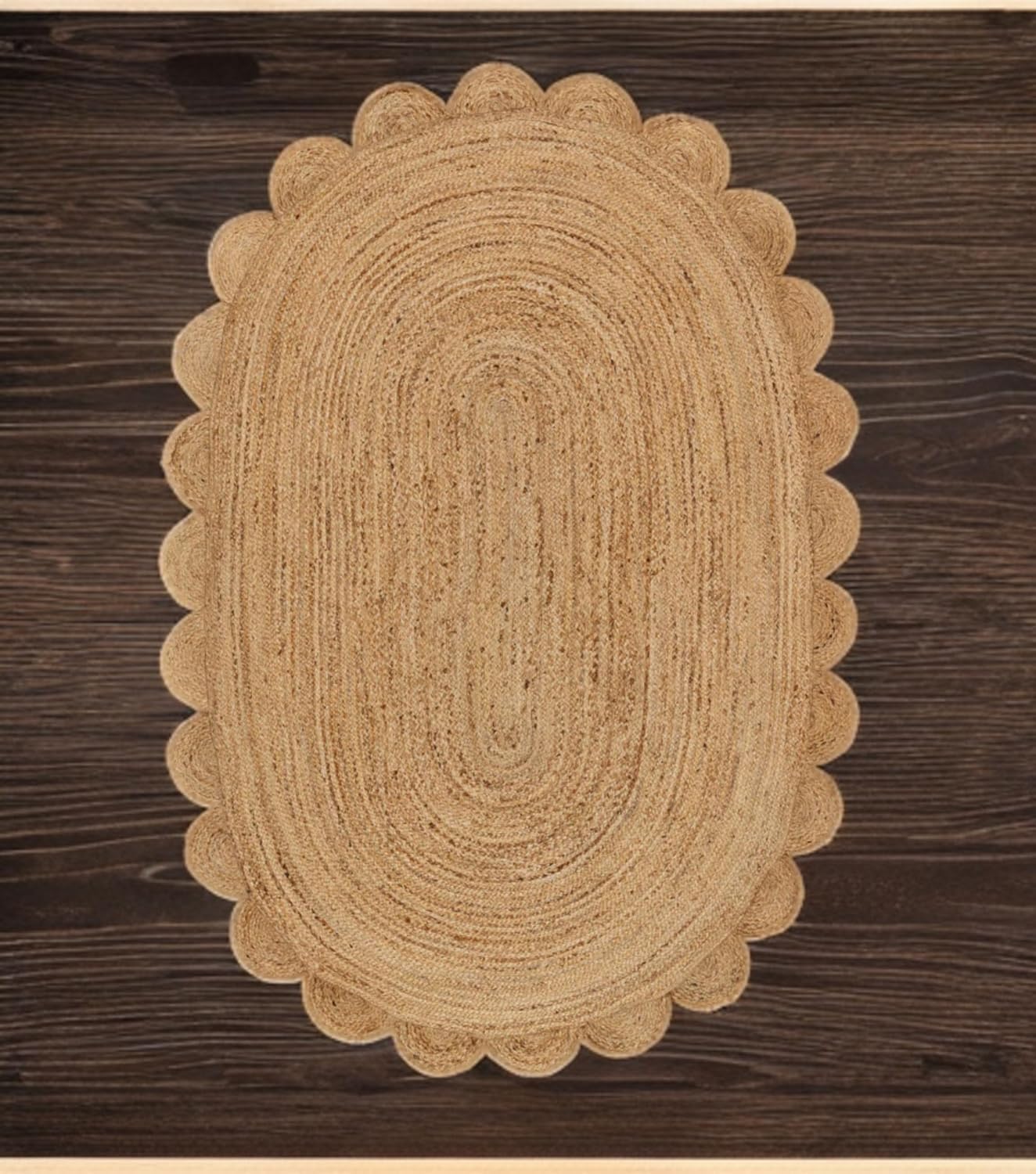 Tapis indien tressé à la main en jute naturelle tissée à la main, motif festonné, tapis bohème pour salle à manger, cuisine, couloir, chambre d'enfant (ovale, 60 x 90 cm)
