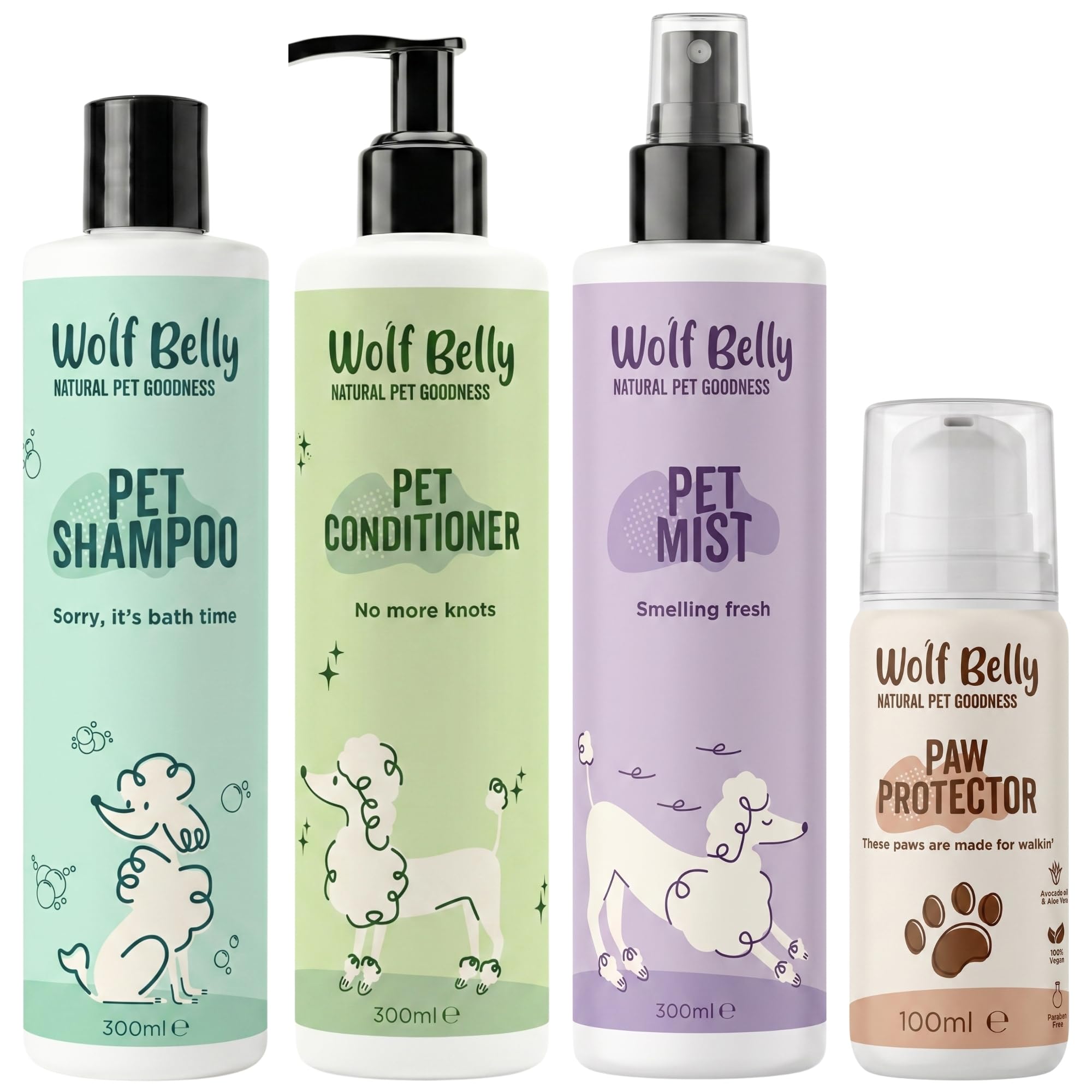 Wolf Belly – Pack Higiene y Cuidado Completo para Perros y Gatos | Champú + Acondicionador + Bruma + Bálsamo Almohadillas | Aloe Vera 99%, Vegano y Hipoalergénico | Hecho en España