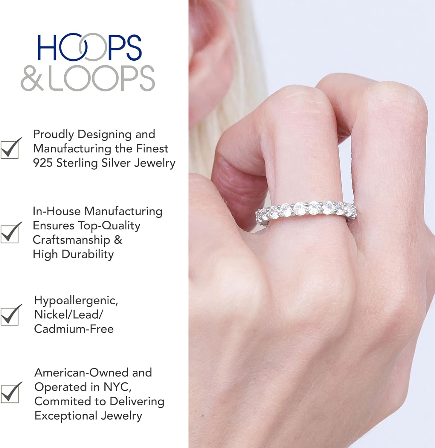 Hoops & Loops 925 Sterling Silver Cubic Zirconia 3mm Round-Cut Wedding Band Rings For Women, Anniversary Eternity Stackable Engagement Ring - Image 3