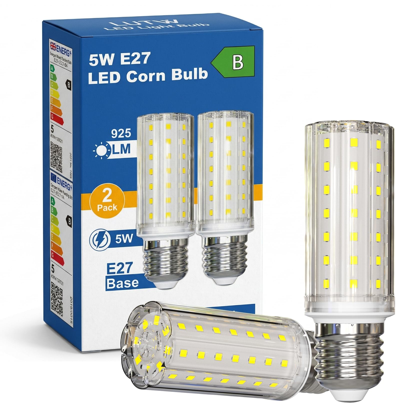LUTW E27 Screw Bulb Cool White 6000K, 5W E27 LED Bulb Equivalent 90W Incandescent, 925LM Super Bright LED Corn Light Bulbs for Home Lighting, Energy Class B, Ultra Efficient,Non-Dimmable, Pack of 2