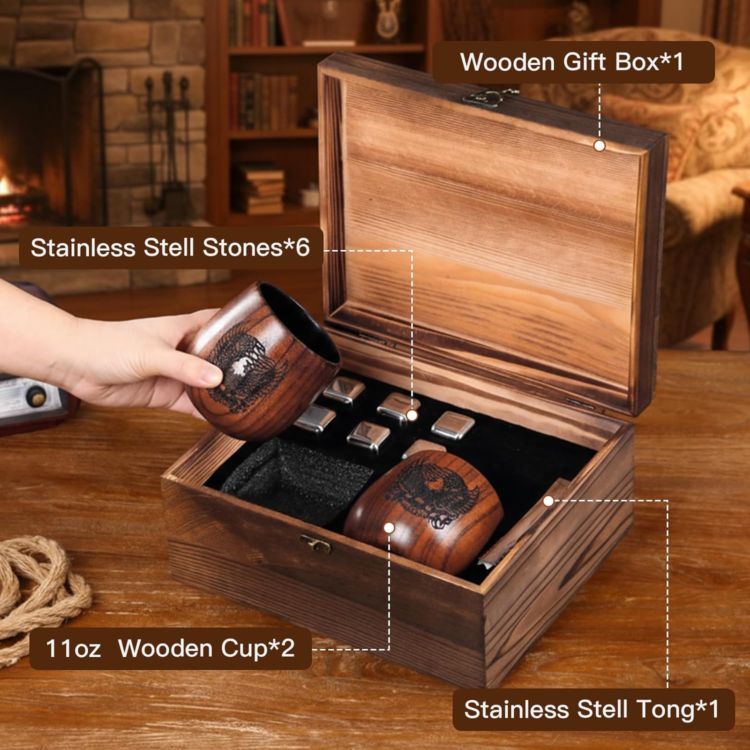 Charred Wooden Bourbon Drinking Glass, Bourbon Gifts for Men, Whiskey Gift Set with Wooden Box, Perfect Christmas Presents for Dad,Husband,Friends
