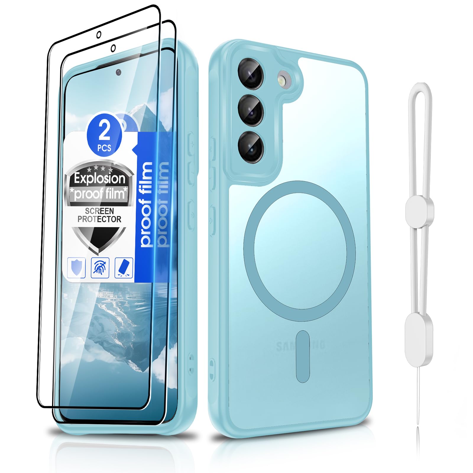 Dizn Compatible for Samsung Galaxy S22 Plus Case [Fit for MagSafe],with 2 Pcs Explosion-Proof Film,Matte Translucent &amp; Military-Grade Magnetic Protective for 6.6-Inch Samsung S22+ 5G,Light Blue