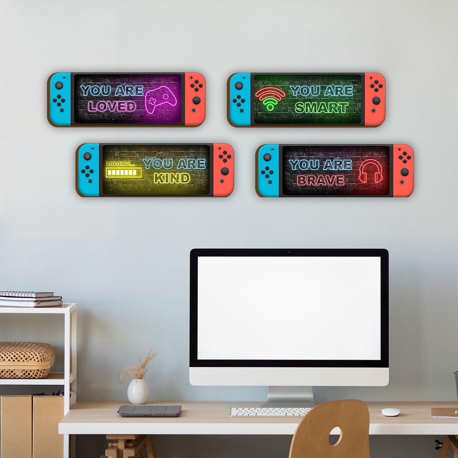 4 Pcs Printed Neon Gaming Wooden Wall Sign, Video Game Wall Decor, Inspirational Quotes Hanging Plaques Wall Sign, Teenager Gift for Kids Room Bedroom Nursery Play Room Classroom 2