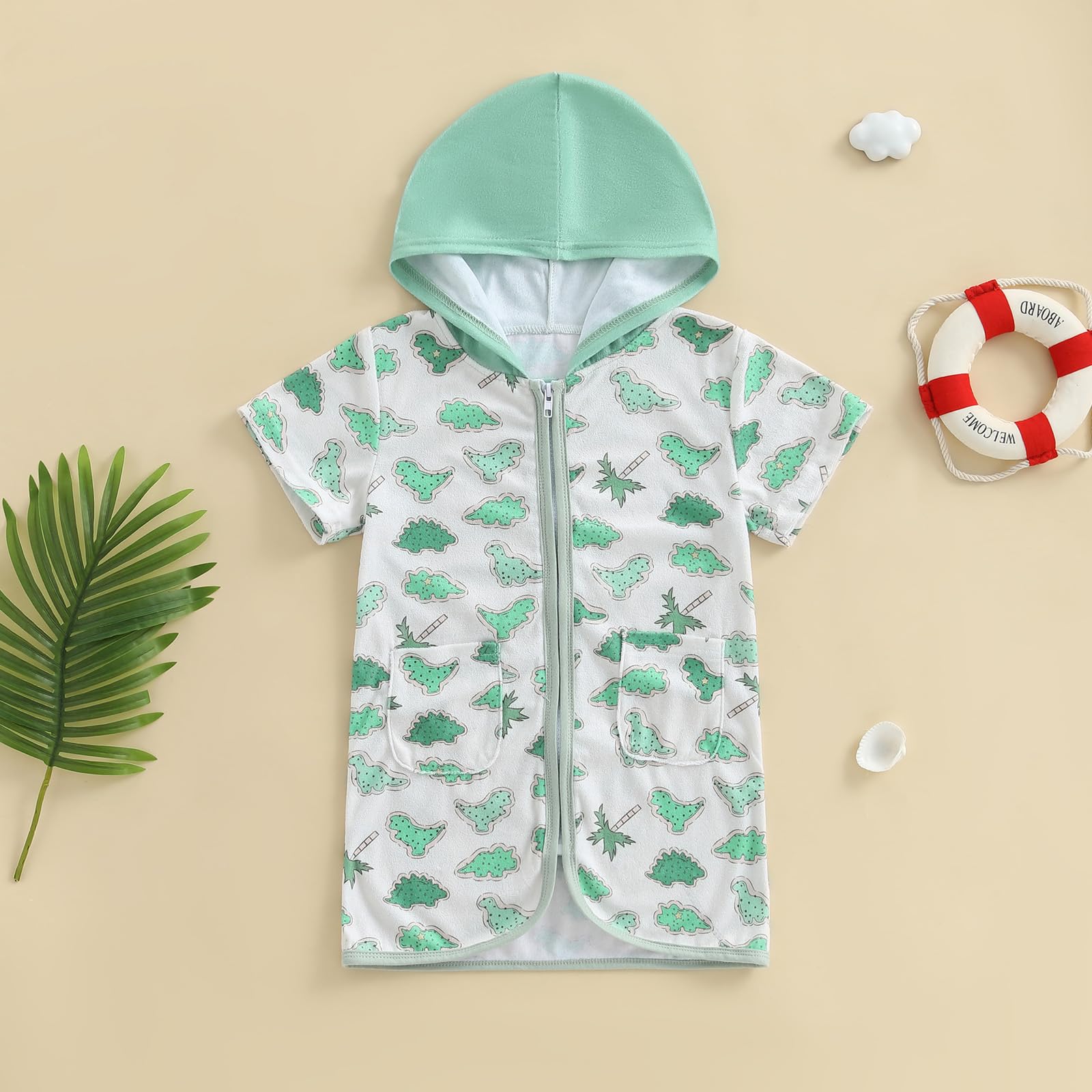 ZAXARRA Boys Swim Cover Up Zip Up Hooded Tree/Dinosaur Print Bathing Suit Coverup Wraps Kids Pool Beach Robe (Green, 12-18 Months)