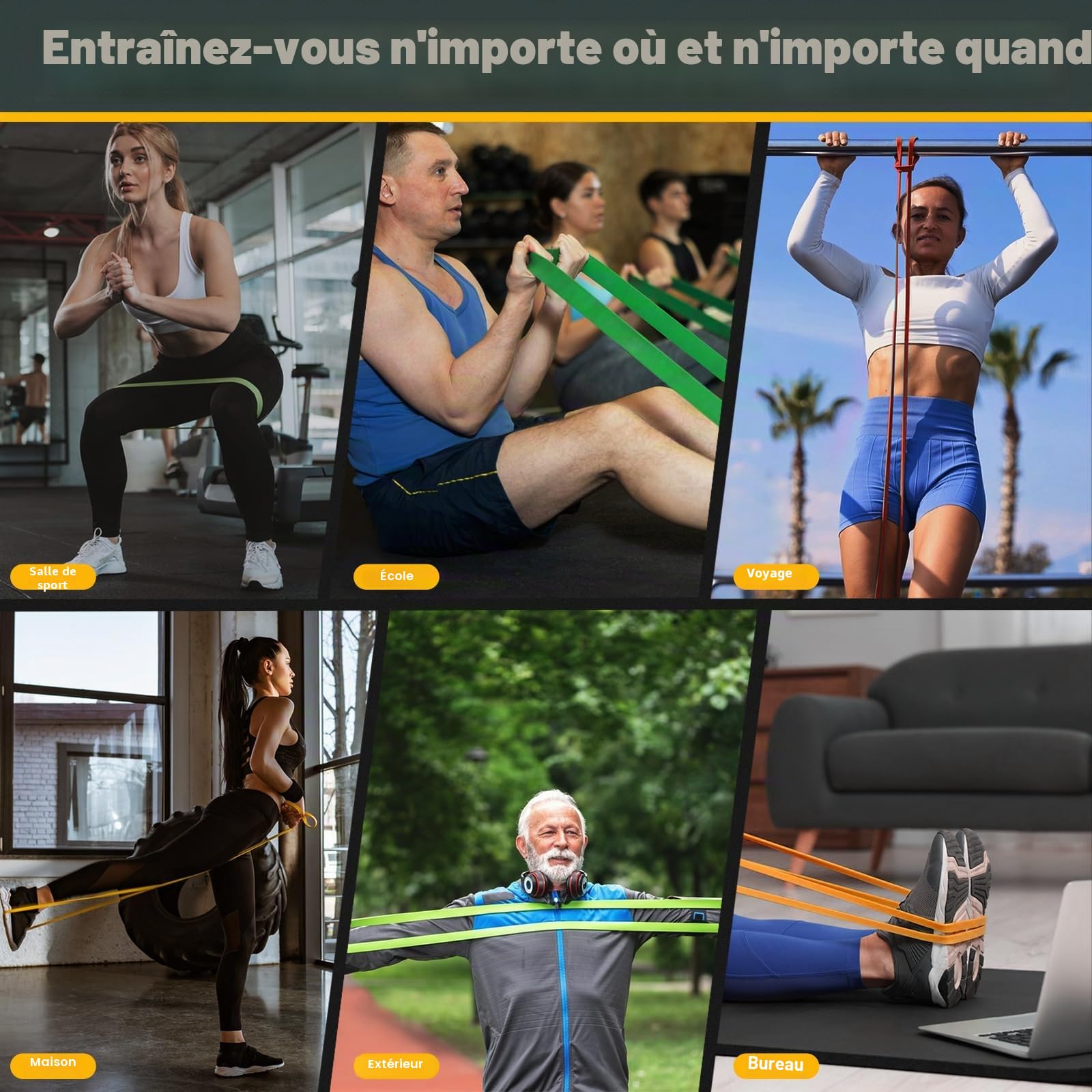 Lot de 5 Bandes de Résistance avec Ancrage de Porte pour Fitness, Yoga, Pilates, Musculation
