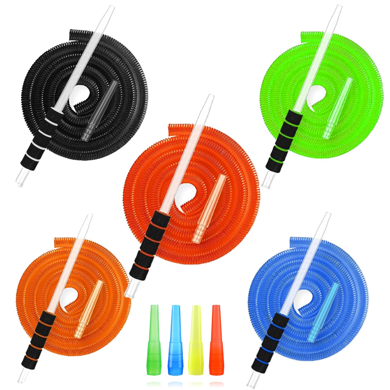 5Pcs Disposable Hookah Hose Set - 72'' Shisha Pipe with Glass Mouthpiece - Thick Washable & Durable Hose - 5 Colors + 10 Individually Wrapped Mouth Tips