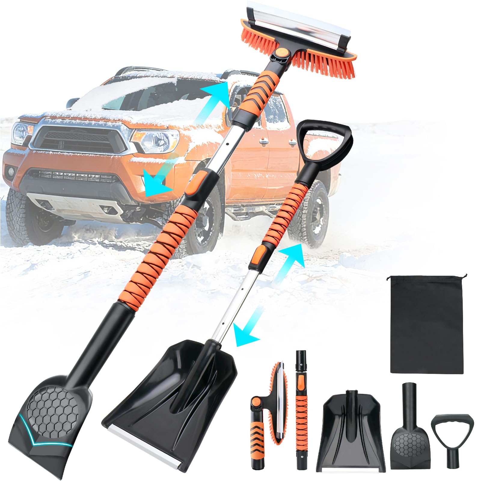 Schneeschaufel und Schneebürste mit Eiskratzern für Auto-Windschutzscheibe, 5-in-1 ausziehbares, Dickes Aluminiumrohr, 180° schwenkbarer Bürstenkopf und Schaumstoffgriff für Weihnachten, Autos, LKWs