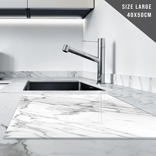 Glass Chopping Board 50 x 40 | Kitchen Worktop Protector | Multifunctional Cutting Board | Work Top Savers | Kitchen Accessories | Extra Large | Marble Effect Grey White - 2