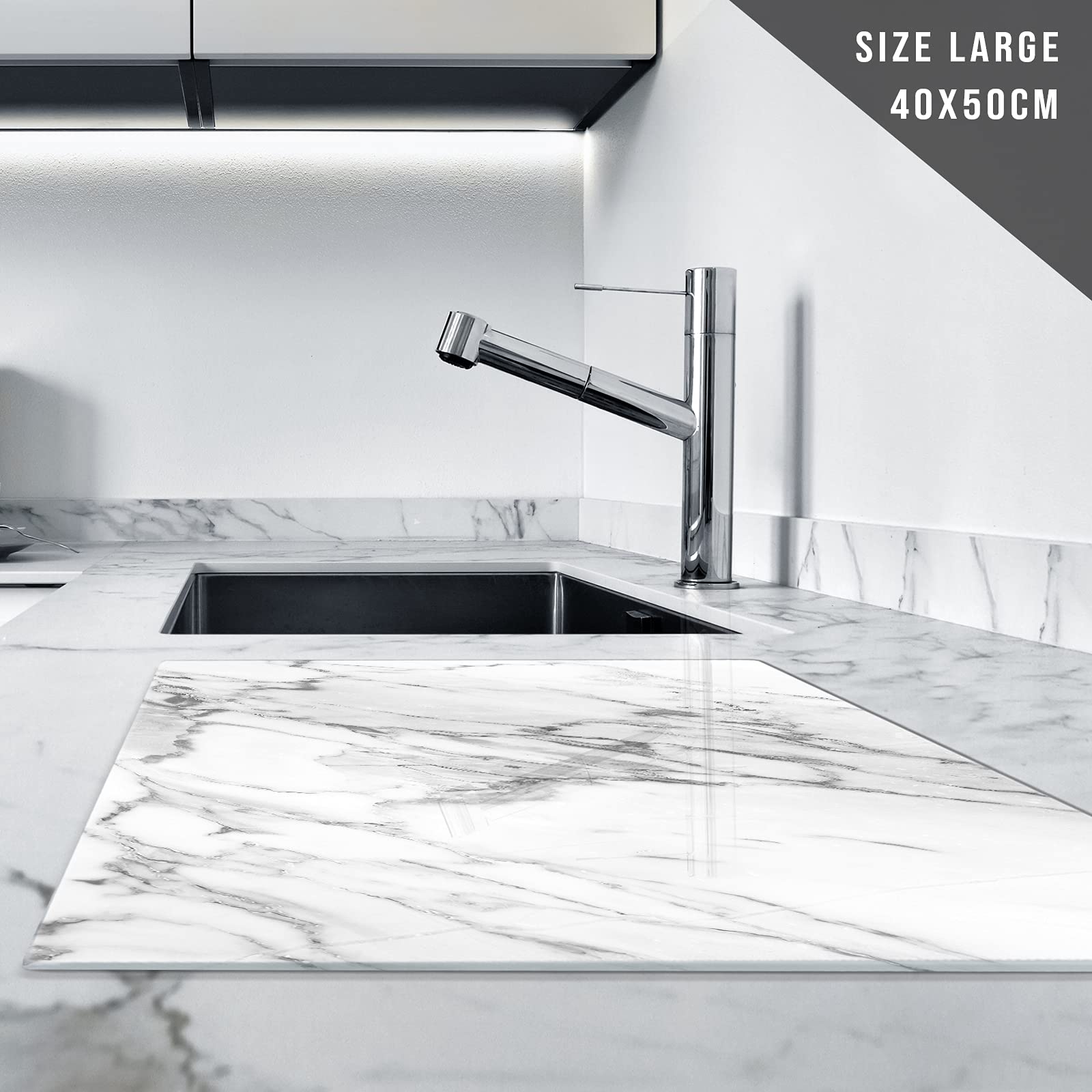 Glass Chopping Board 50 x 40 | Kitchen Worktop Protector | Multifunctional Cutting Board | Work Top Savers | Kitchen Accessories | Extra Large | Marble Effect Grey White — view 2