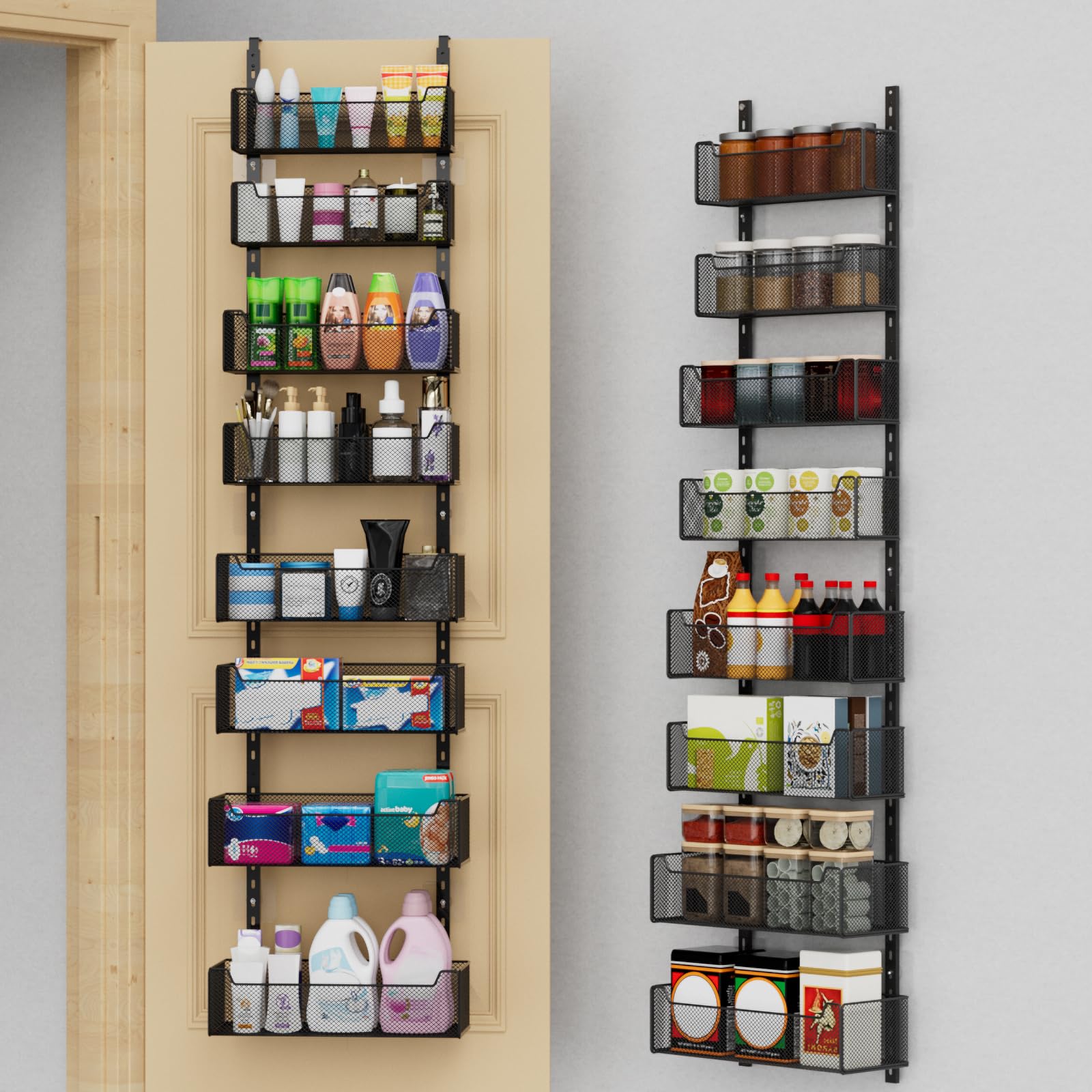 VyGrow Over The Door Storage, 8-tier Metal Door Organizer Hanging with Adjustable Baskets, Behind The Door Storage for Bedroom Closet Bathroom Pantry Cabinet Kitchen, Black