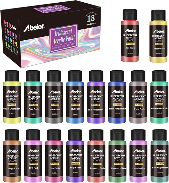 Iridescent Acrylic Paint, Abeier Set of 18 Chameleon Colours, 2 oz/60ml Bottles, Colour Shifting, Non-Toxic, High Viscosity, Blendable, Paints on Rocks Crafts Canvas Wood, Fabric, Ceramic & Stone