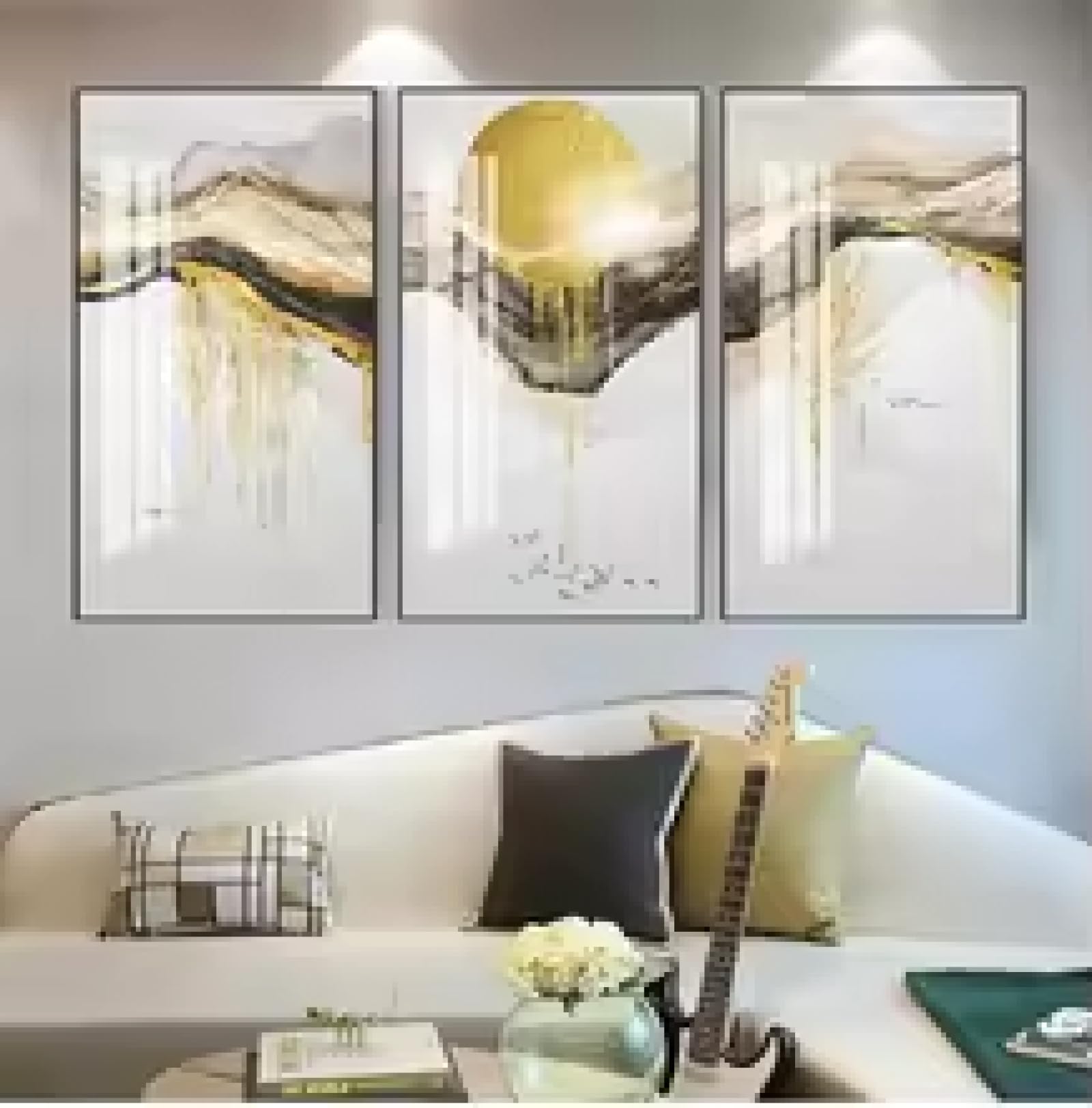 HIPWST Abstrakcyjne złote słońce obraz na płótnie płynąca duża farba plakaty wydruki stół salon nordycka sztuka ścienna dekoracja 80 x 160 cm x 3 bez ramy