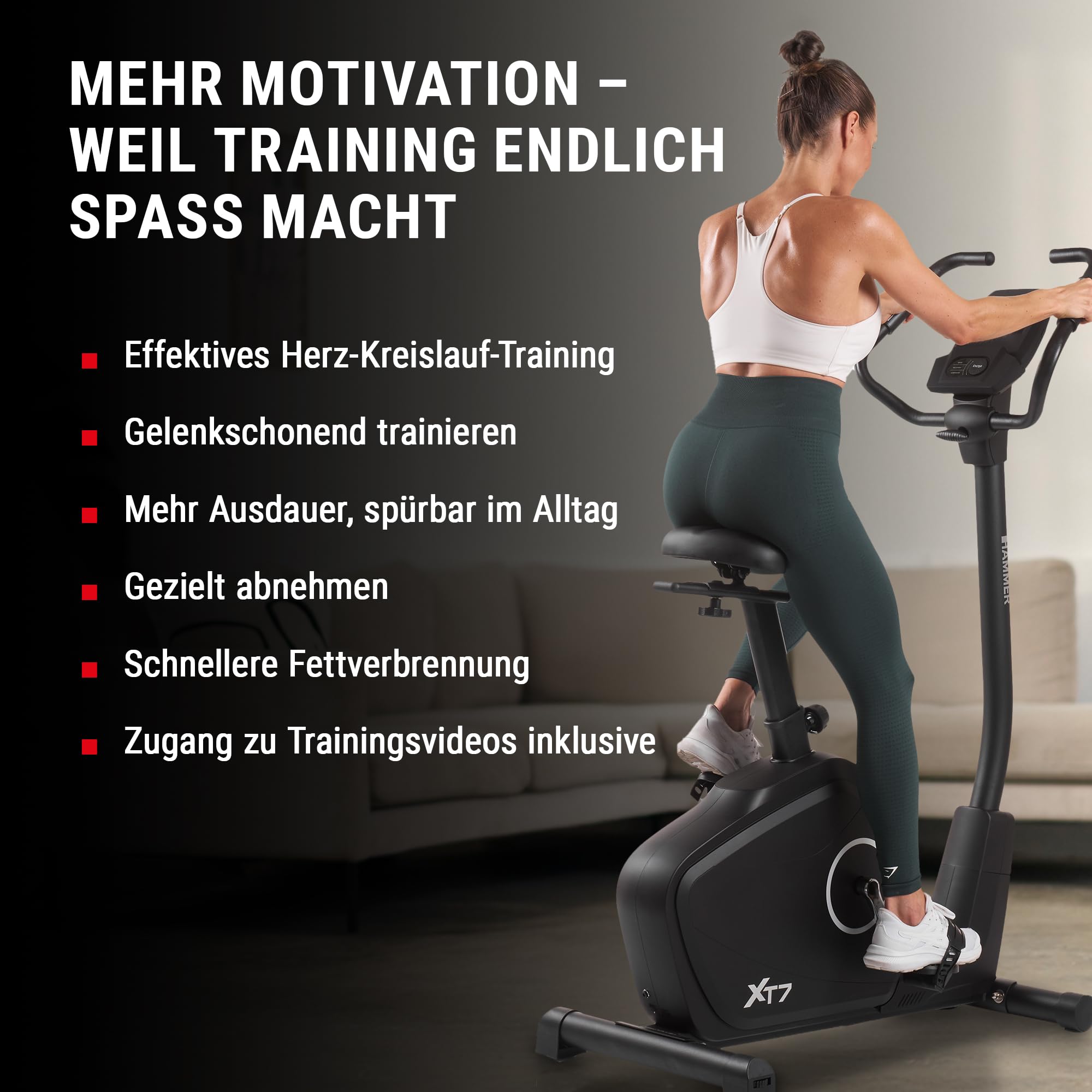 HAMMER Ergometer Cardio XT7 – leiser Heimtrainer für Zuhause mit tiefem Einstieg, App Kompatibel mit Kinomap, 8 kg Schwungmassensystem, 24 Programme, Hometrainer Fahrrad bis 130 kg