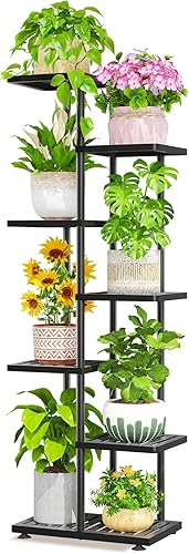 LASZOLA Soporte de plantas de 6 niveles para interiores y exteriores para macetas grandes y resistentes, estante alto de flores de metal negro con