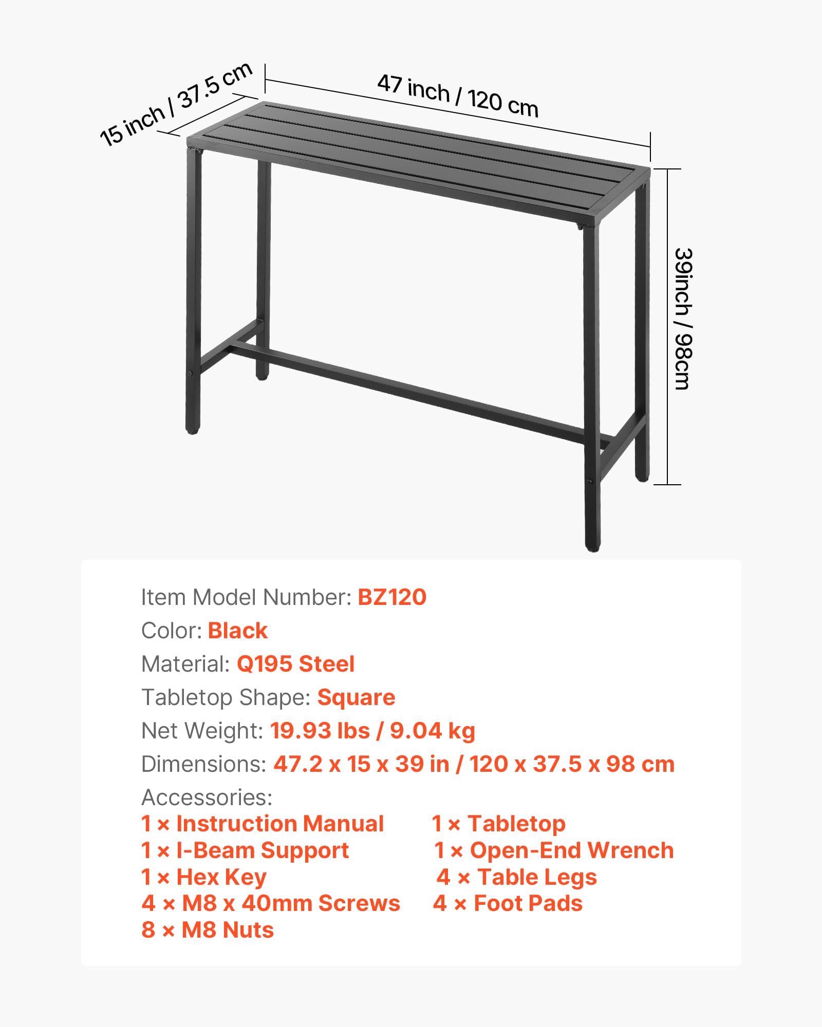 VEVOR Bartisch, 1200 x 375 x 980 mm, Bistrotisch, Stehtisch mit Metallgestell, rechteckige Esstische, Küchentisch, Tresentisch, Partytisch, Gartenmöbel für Balkon, Garten, Poolrand
