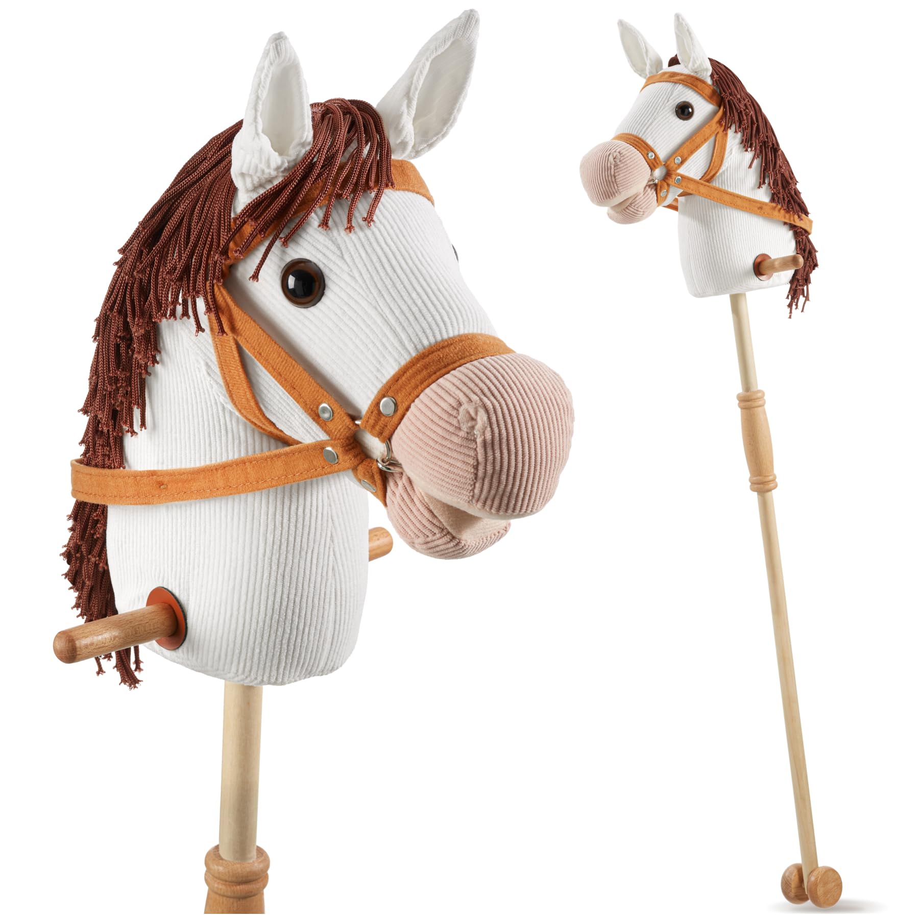 tectake® Hobby Horse Toy with Wood Wheels, Mane & Bridle, 103 cm, Stick Horse for 24+ Months with Corduroy Cover, Sturdy Wooden Stick & Secure Side Handles, Wooden Horse with Easy Assembly - White — image 1