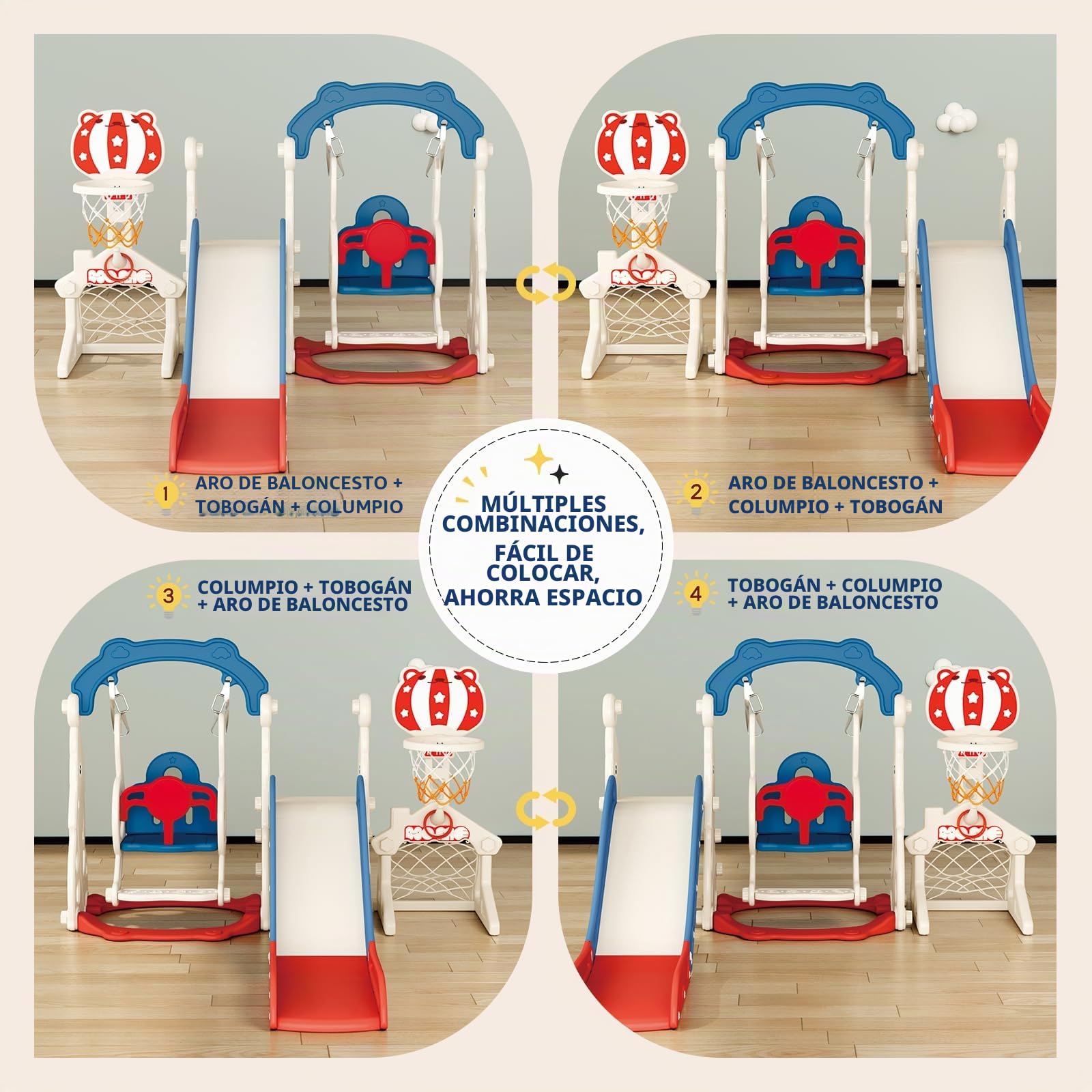 Tobogán infantil grande con cesta de baloncesto, estructura de escalada de jardín, telescopio, espacio de almacenamiento para 1-3 años, extra largo 1700 mm (fútbol + baloncesto 4 cestas +