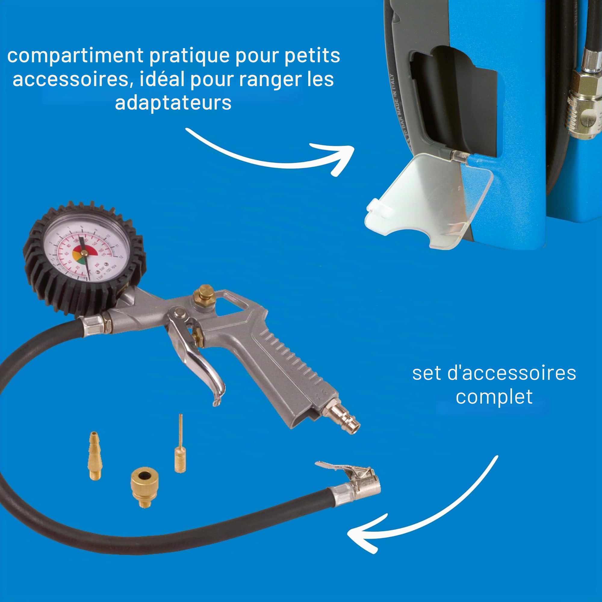 Güde Compresseur Airpower 180/08 (sans huile et nécessitant peu d'entretien, entraînement par courroie, 8 bars, 1100 W, débit effectif 140 l/min, tuyau d'air comprimé de 2,5 m avec raccord rapide