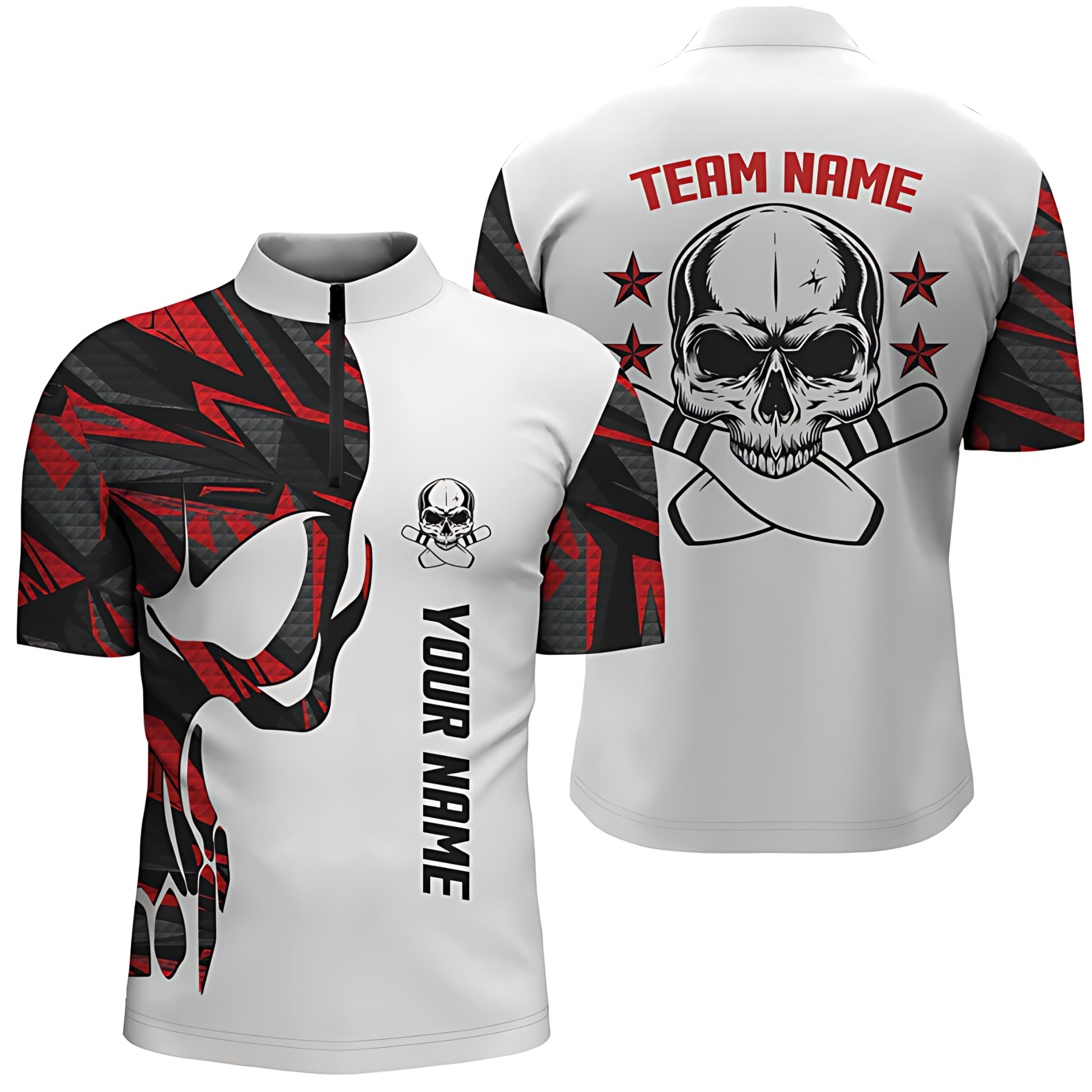 Men's Red and White Bowling Quarter Zip Shirts with Custom Name Skull Bowling, Men's Bowling Team Shirts Q4699