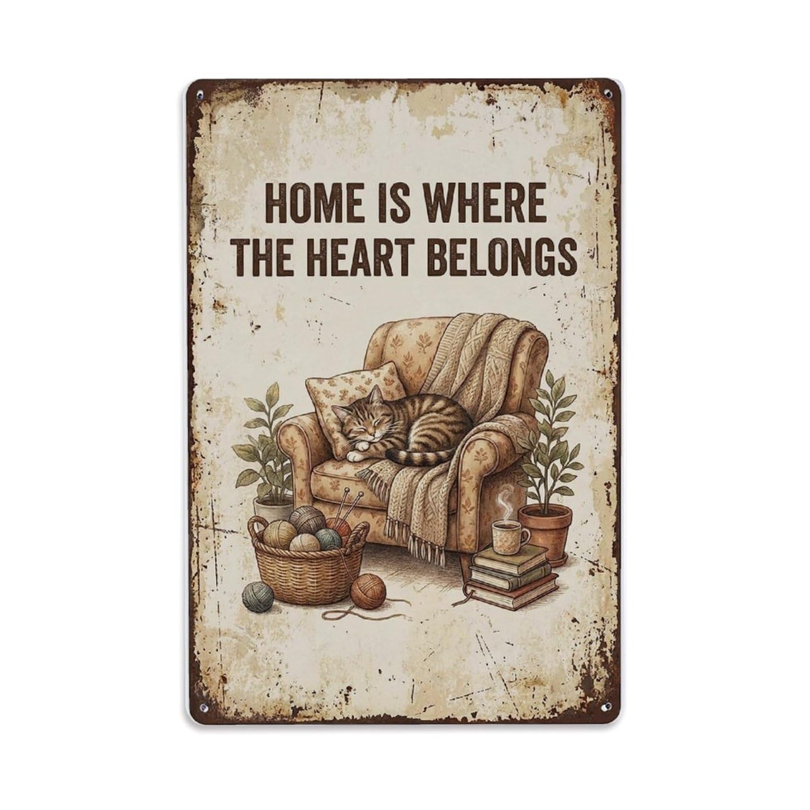 Home Where Heart Belongs Cat Metal Tin Sign Plaque Wall Decor for Cafe, Club Bar, Office, Home Garden Metal Poster 8x12Inch