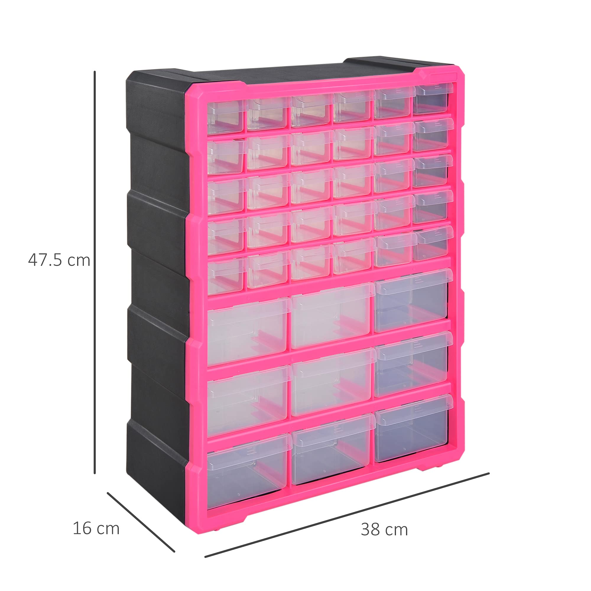 DURHAND Cajonera de plástico con 39 cajones transparentes, montaje en pared o en el suelo, 38 x 16 x 47,5 cm, rosa