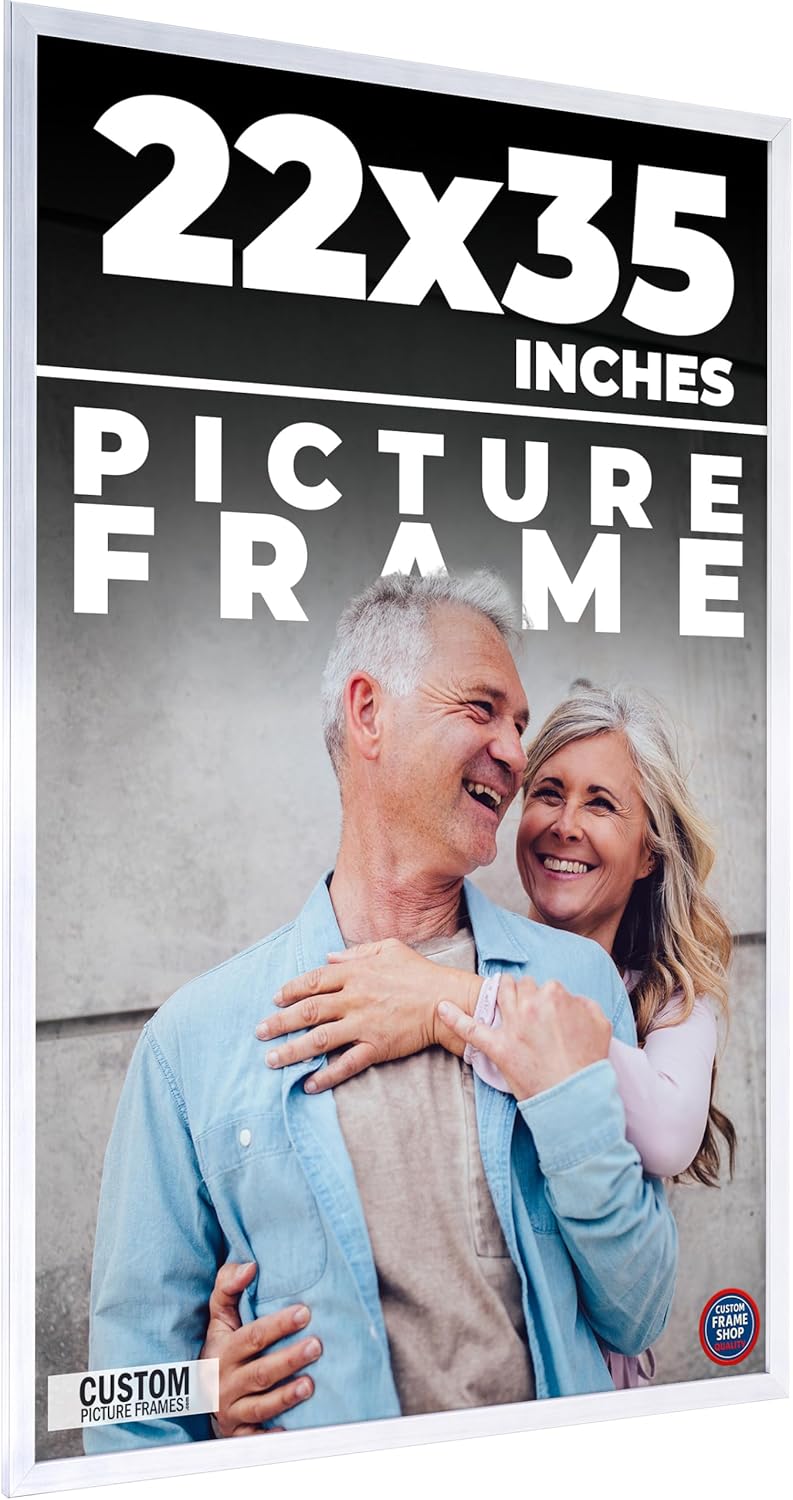 CustomPictureFrames 22x35 Stainless Silver Picture Frame - Solid Wood Silver Modern Picture Frame, UV Acrylic, Foam Board Backing & Hanging Hardware - Display Poster Art, Family Photos & Picture