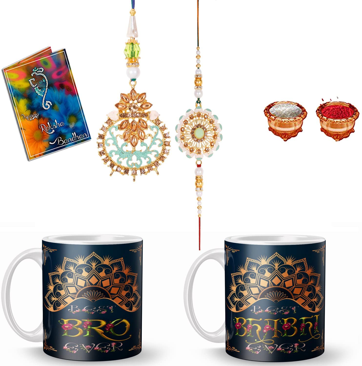 PLAKASHA CREATIONSLumba Bhiya Bhabhi Raki Set With Printed Ceramic Coffee Mug.(Lumba Rakhi Set & 2Ceremic Mug)-MUG-101-101b-YN-VD