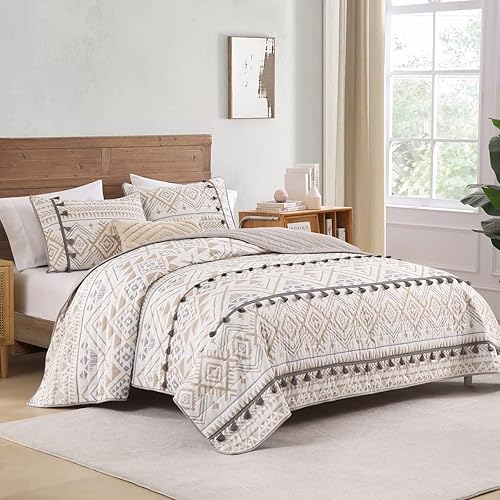 Miniatura 2 de HORIMOTE HOME Juego de edredón beige de estilo bohemio con borlas, colcha suave y ligera para todas las estaciones, colcha de cama tamaño