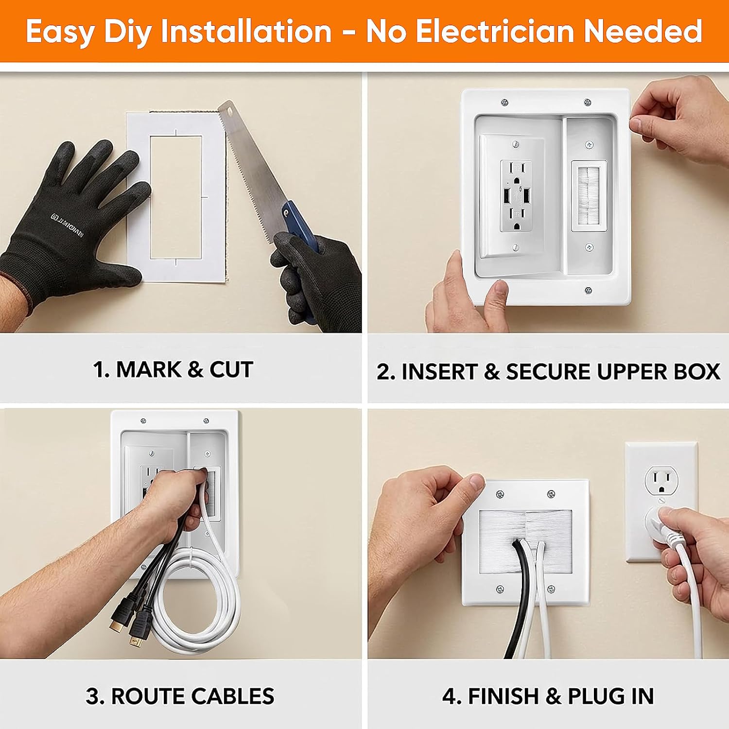 in Wall Cable Management Kit with Brush Wall Plate, AC Outlet & USB-A Port image 4