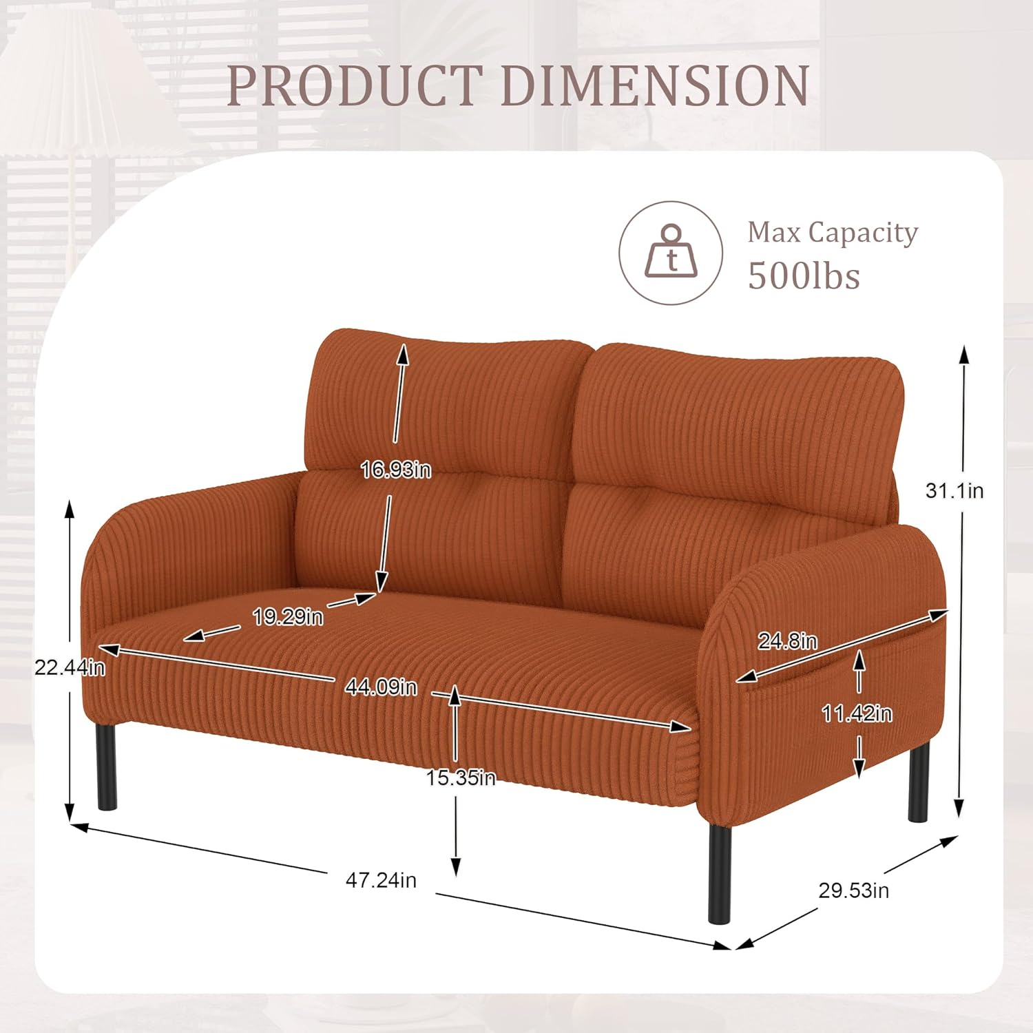 Modern Living Room Loveseat Sofa, Two-Seater Settee, Upholstered Corduroy Fabric Armchair, Love Seat Sofa Chair with Side Pocket and Wood Legs for Bedroom/Office/Reading Spaces (Orange)