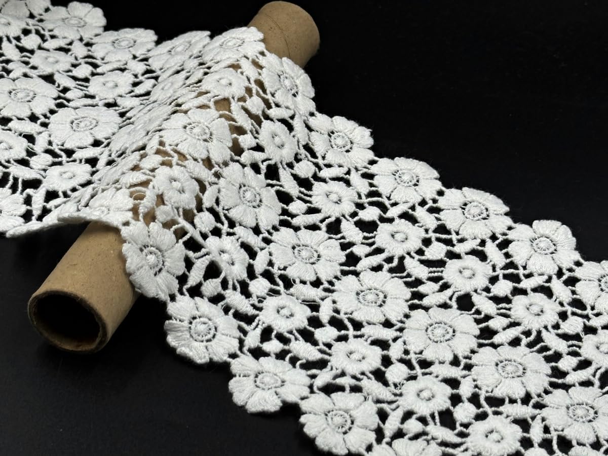 ORIENT LACE CRAFT Elegant White Embroidered Lace Border – 13 cm Wide | 5 Yards