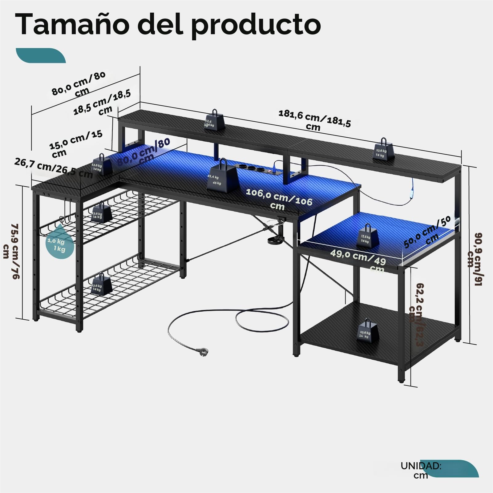 Bestier Mesa Gaming 181cm, Escritorio Gaming con Luces LED, Mesa Gaming para PC con 3 Tomas de CA y 2 Puertos de Carga USB, Escritorio para Ordenador con Amplio Estante para Monitor