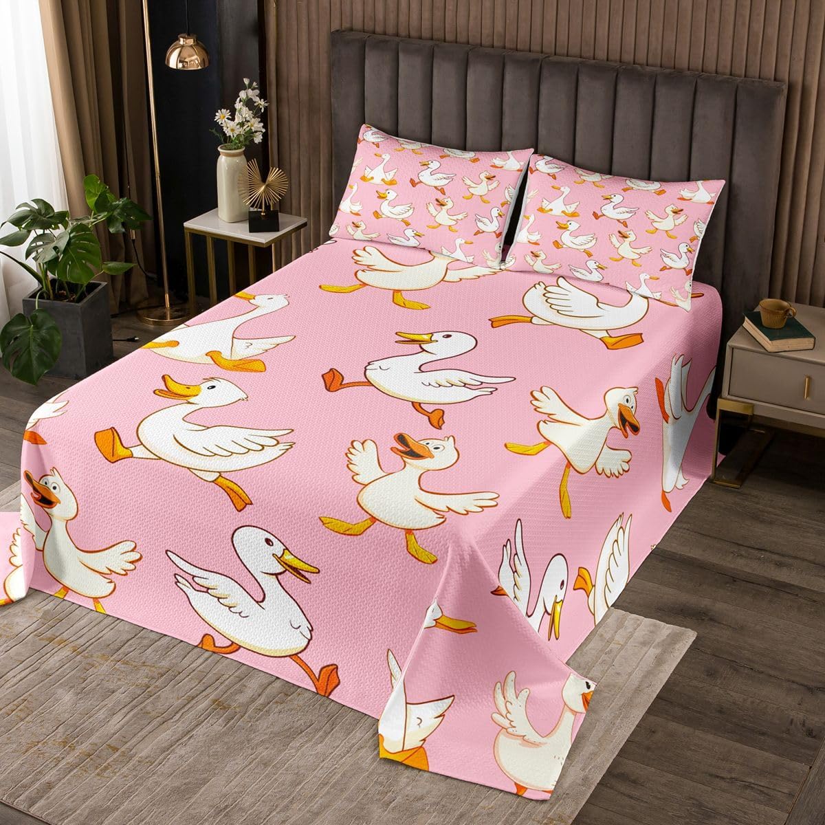 Homewish Funny Duck Goose Quilt Sets Twin Size,Farmhouse Poultry Animal Bedspread Coverlet 2Pcs for Kids Girls Boys Room Decor,Cartoon Goose Quilts Set Pink Vivid Bedding Comforter,1 Pillowcase