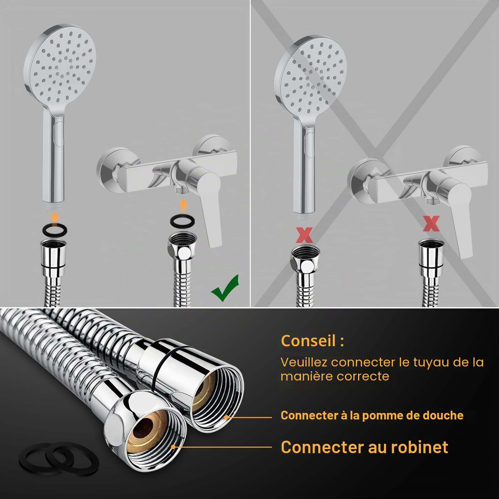 Ibergrif Flexible Douche 1,7m Acier Inoxydable Anti-Torsion Anti-Pliure G1/2" Chrome Argentée